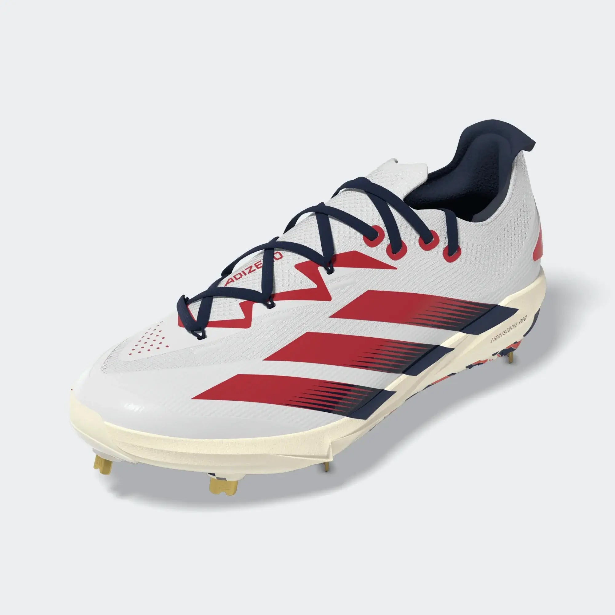 Adidas Adizero Electric+ 2.0 BSB USA FTWWHT/TENABL/TMCORD baseball cleat side profile with red and black accents.