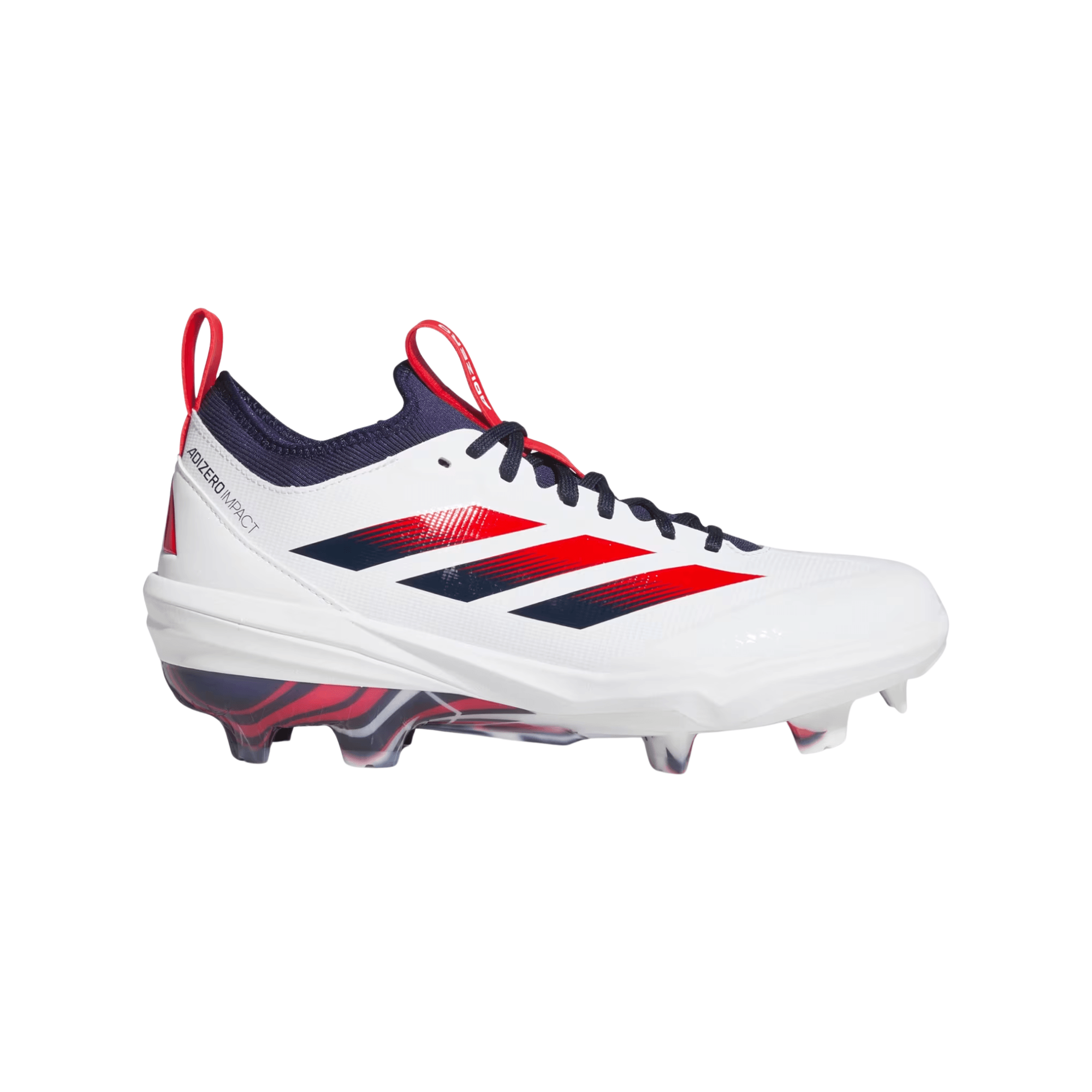 Adidas Adizero Impact TPU 2.0 USA Men's Baseball Cleats in white, blue, and red colorway, side view.