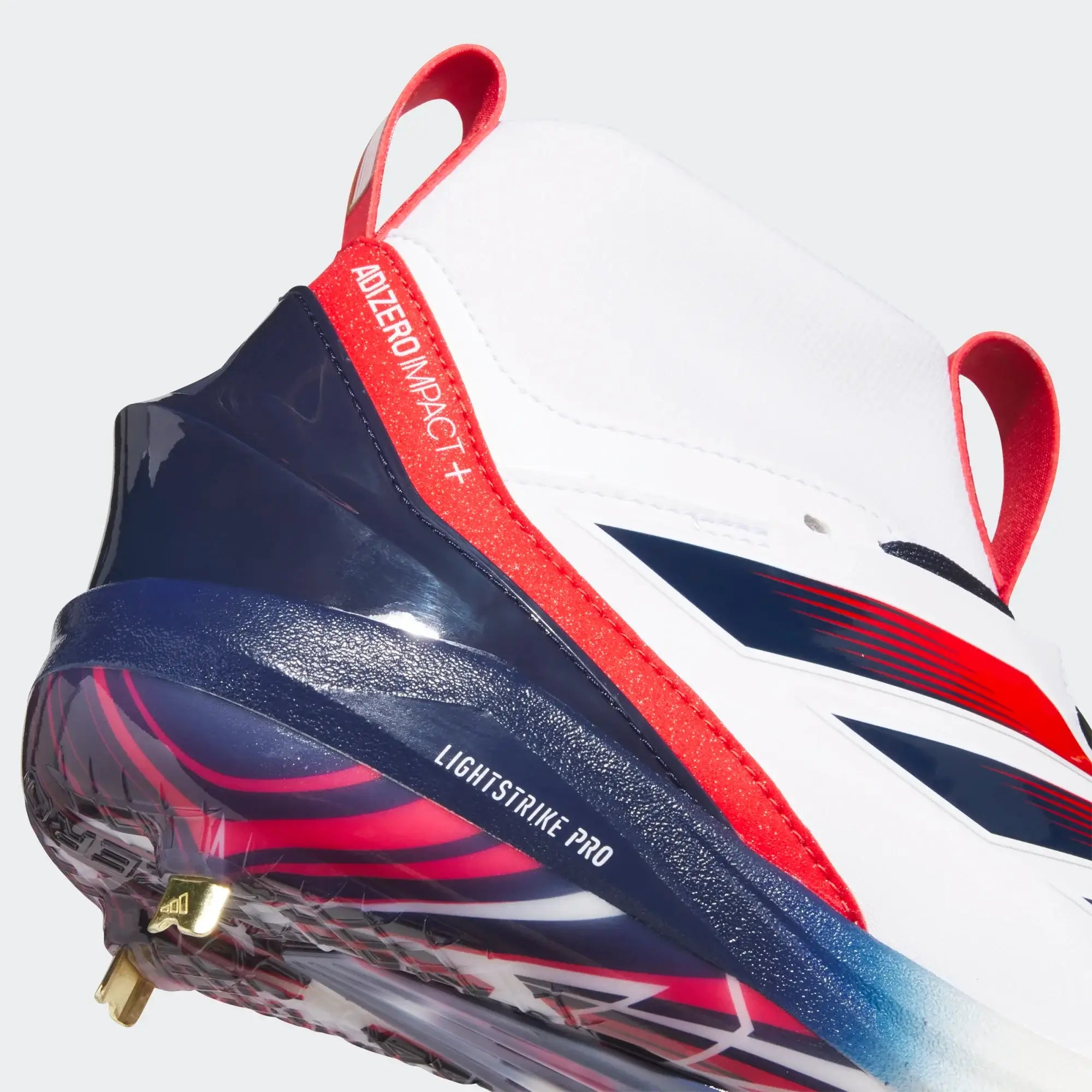Rear detail of Adidas Adizero Impact+ 2.0 Baseball Cleat USA - White, featuring red accents and Lightstrike Pro outsole.
