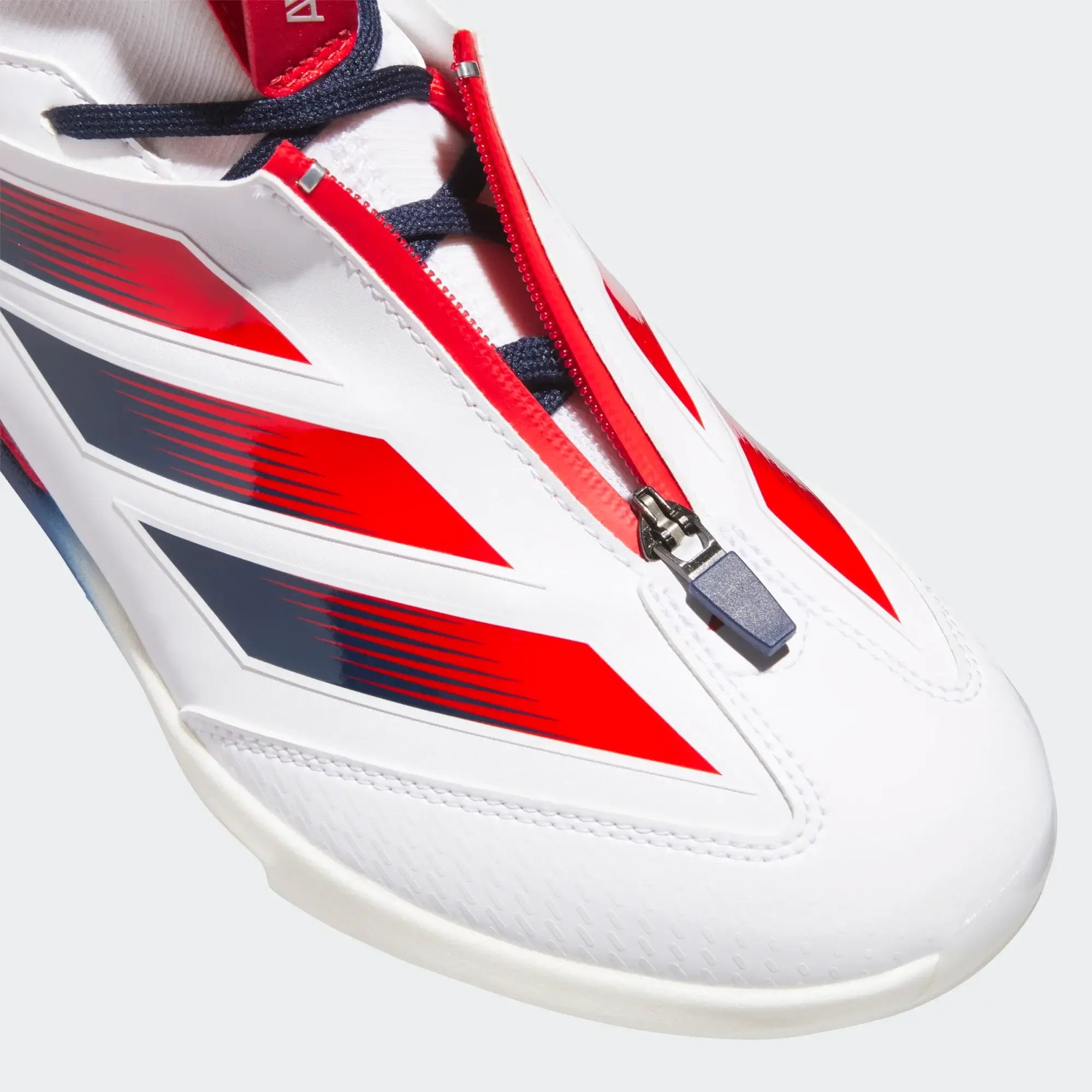 Adidas Adizero Impact+ 2.0 Baseball Cleat USA - White, toe view with red and navy graphic design and lace zipper system