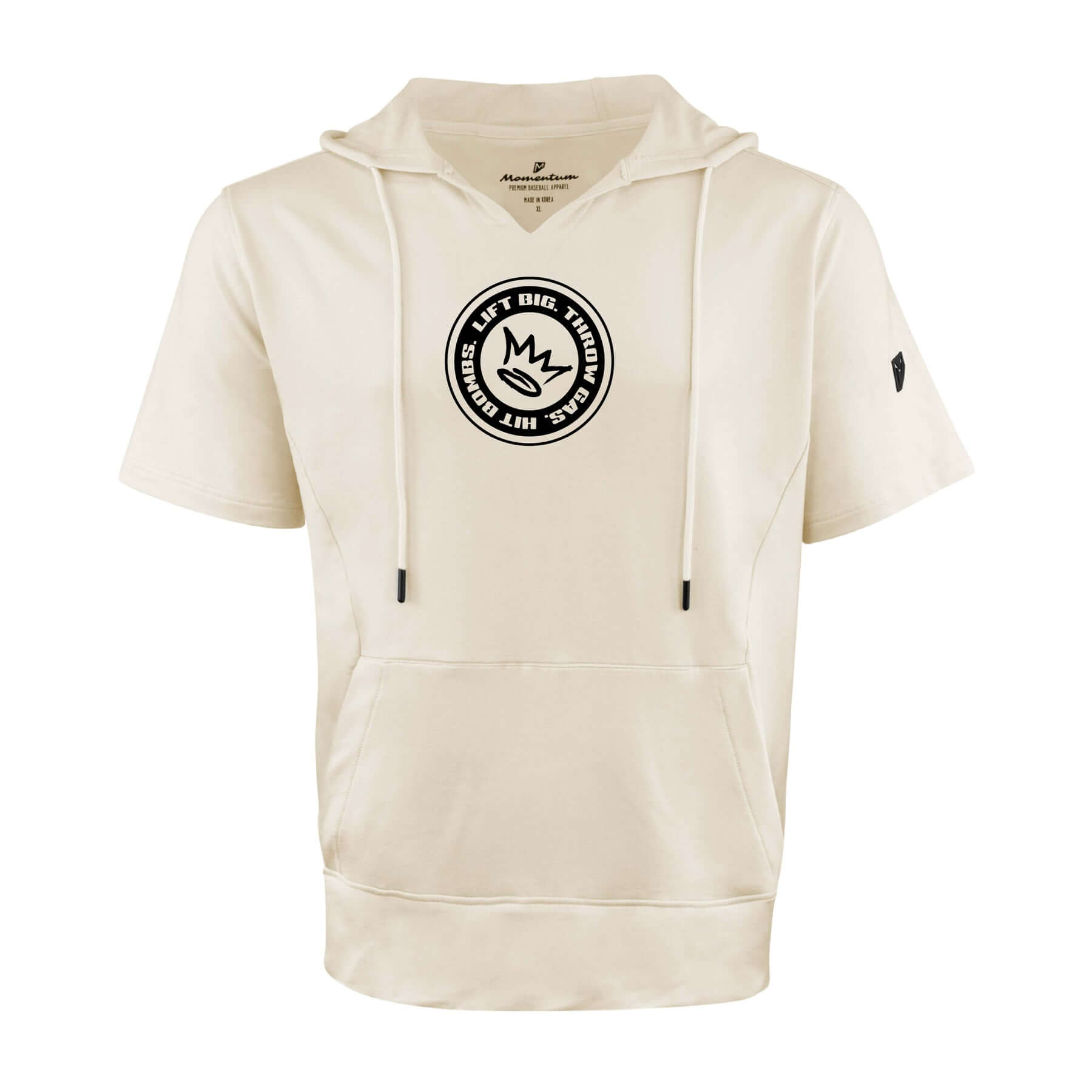 King of Juco Tan short sleeve hoodie featuring a notch-neck design and logo, perfect for casual or athletic wear.