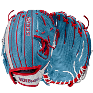 Wilson A2000 Kelsey Stewart GM baseball glove in Sky Blue and White with red accents, featuring Spin Control and SuperSkin technology.