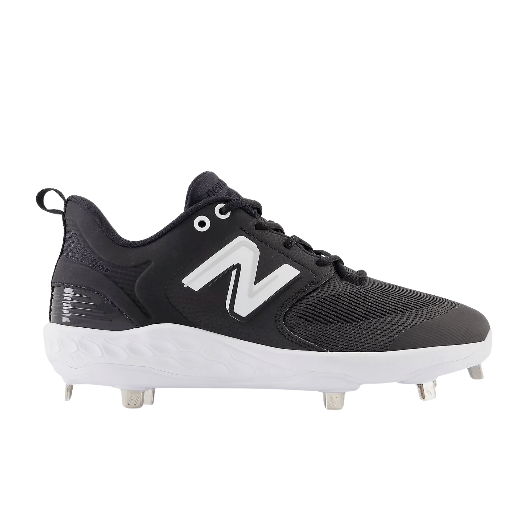 New Balance Fresh Foam X 3000 v6 Metal Cleat in black, featuring a durable PU-coated mesh upper and Fresh Foam midsole.