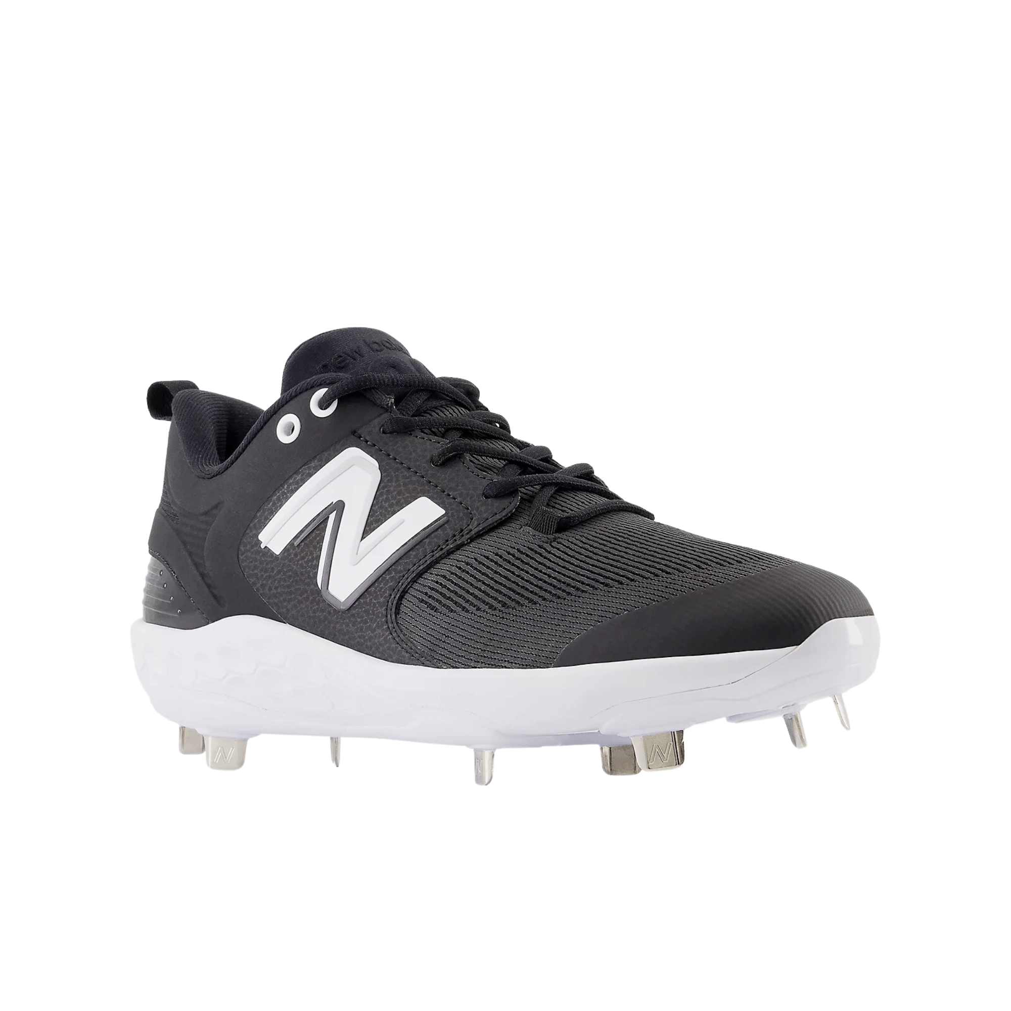 New Balance Fresh Foam X 3000 v6 Metal cleat in black with white logo and 8-spike metal plate for optimal performance.