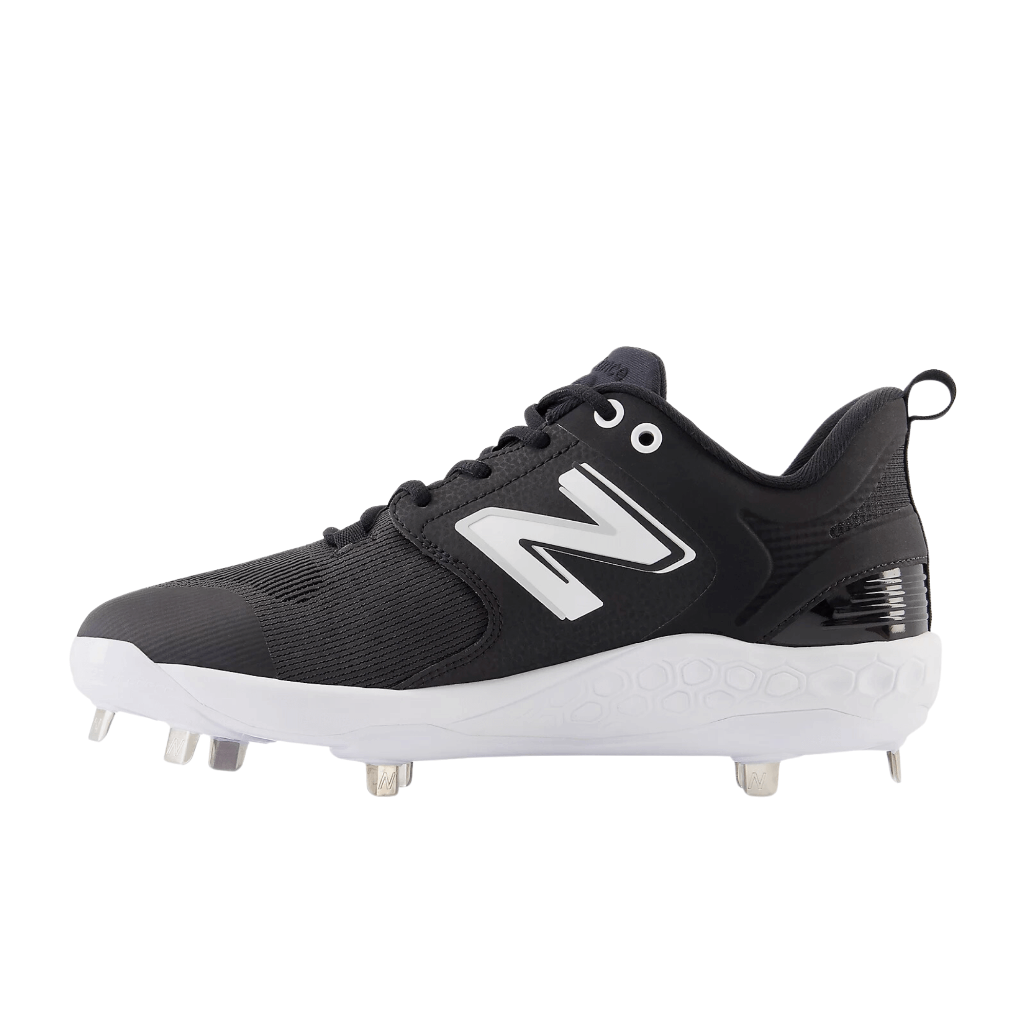 New Balance Fresh Foam X 3000 v6 Metal Cleat in black, featuring PU-coated mesh upper and 8-spike metal plate for performance.