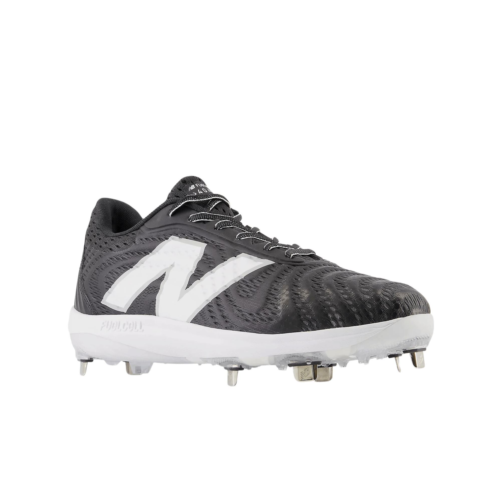 New Balance FuelCell 4040 v7 Metal cleats in black with white logo, featuring a lightweight design and durable outsole for enhanced traction.