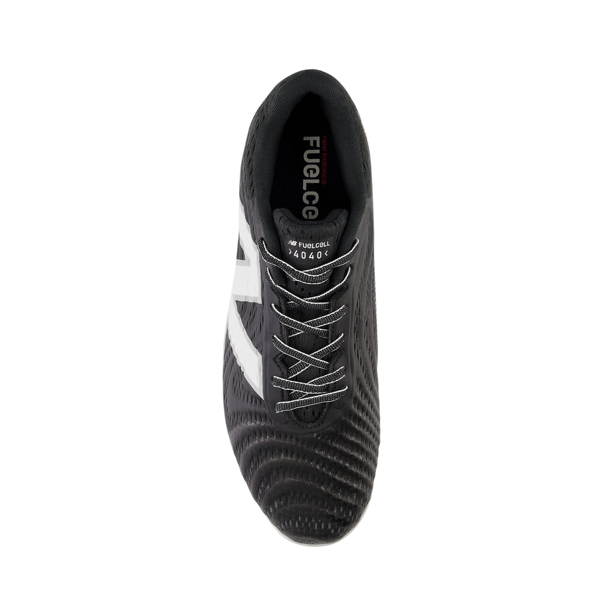 Top view of New Balance FuelCell 4040 v7 Metal baseball shoes in black with sleek design and laces.