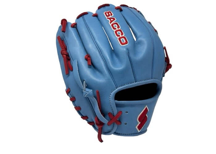 Sacco Youth Ultra Smooth Kip baseball glove in light blue and red, showcasing front view with detailed stitching design.