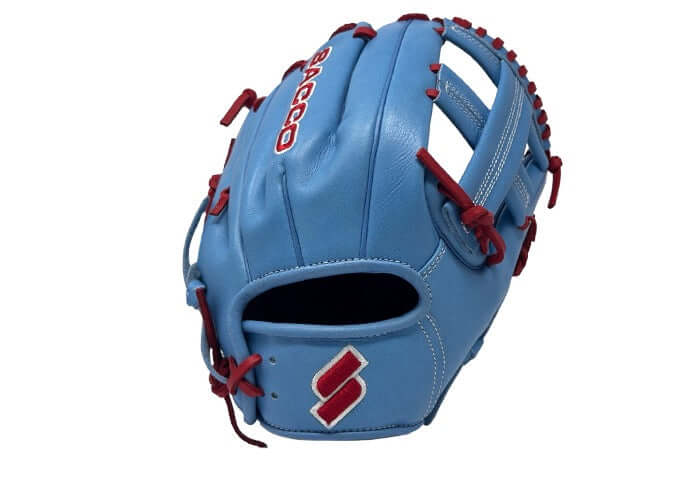 Sacco Youth Ultra Smooth Kip light blue glove with red stitching, showcasing side view and quality craftsmanship.