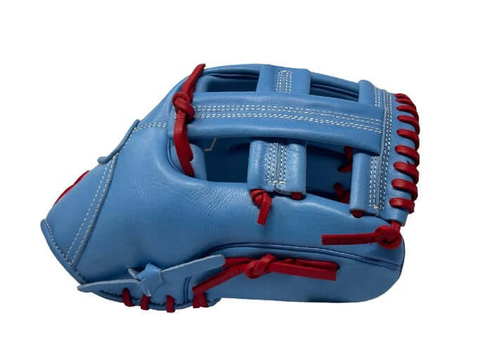 Side view of Sacco Youth Ultra Smooth Kip glove in light blue with red laces, designed for young gymnasts' training.