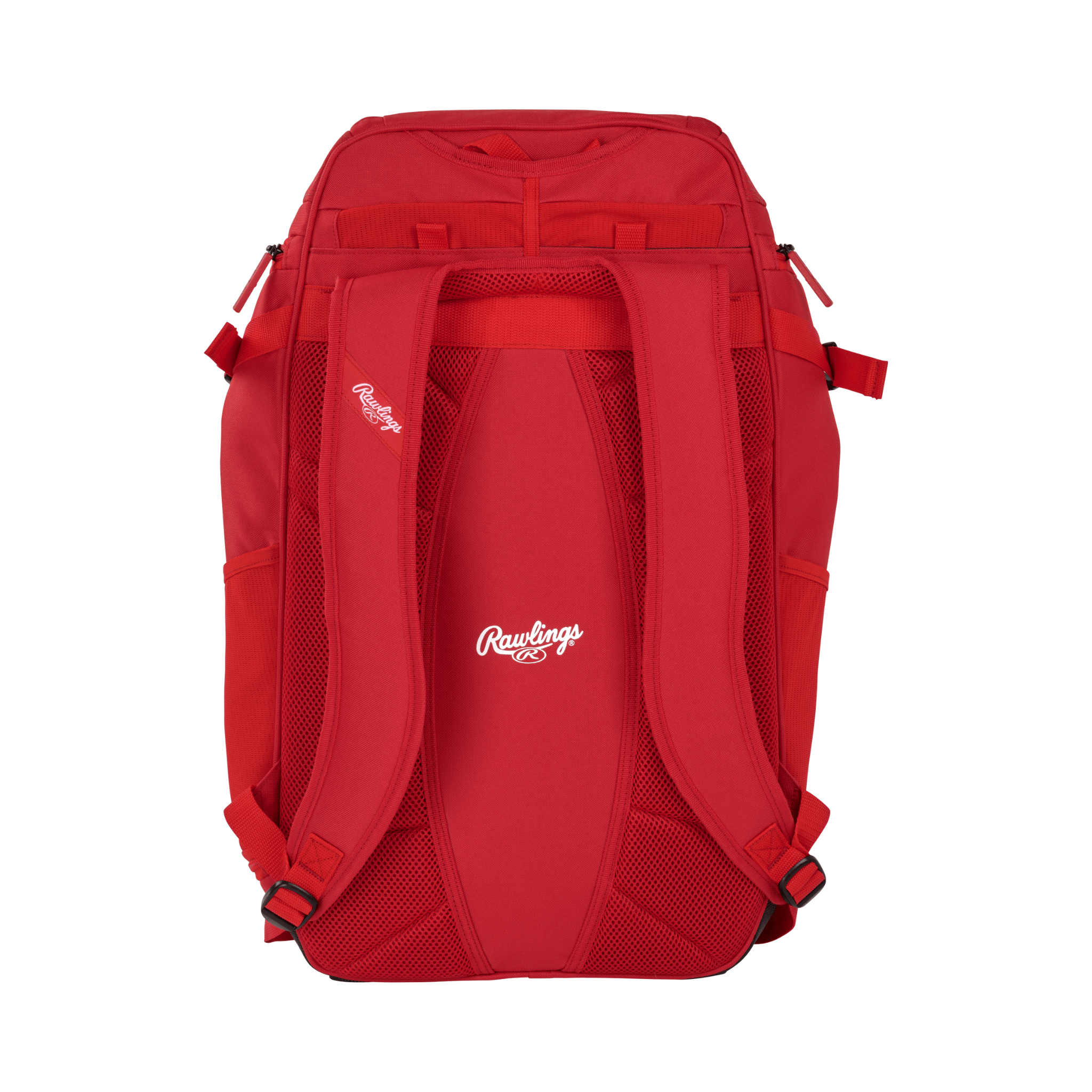 Back view of Rawlings Legion 2 Players Backpack showing red shoulder straps and mesh padding.