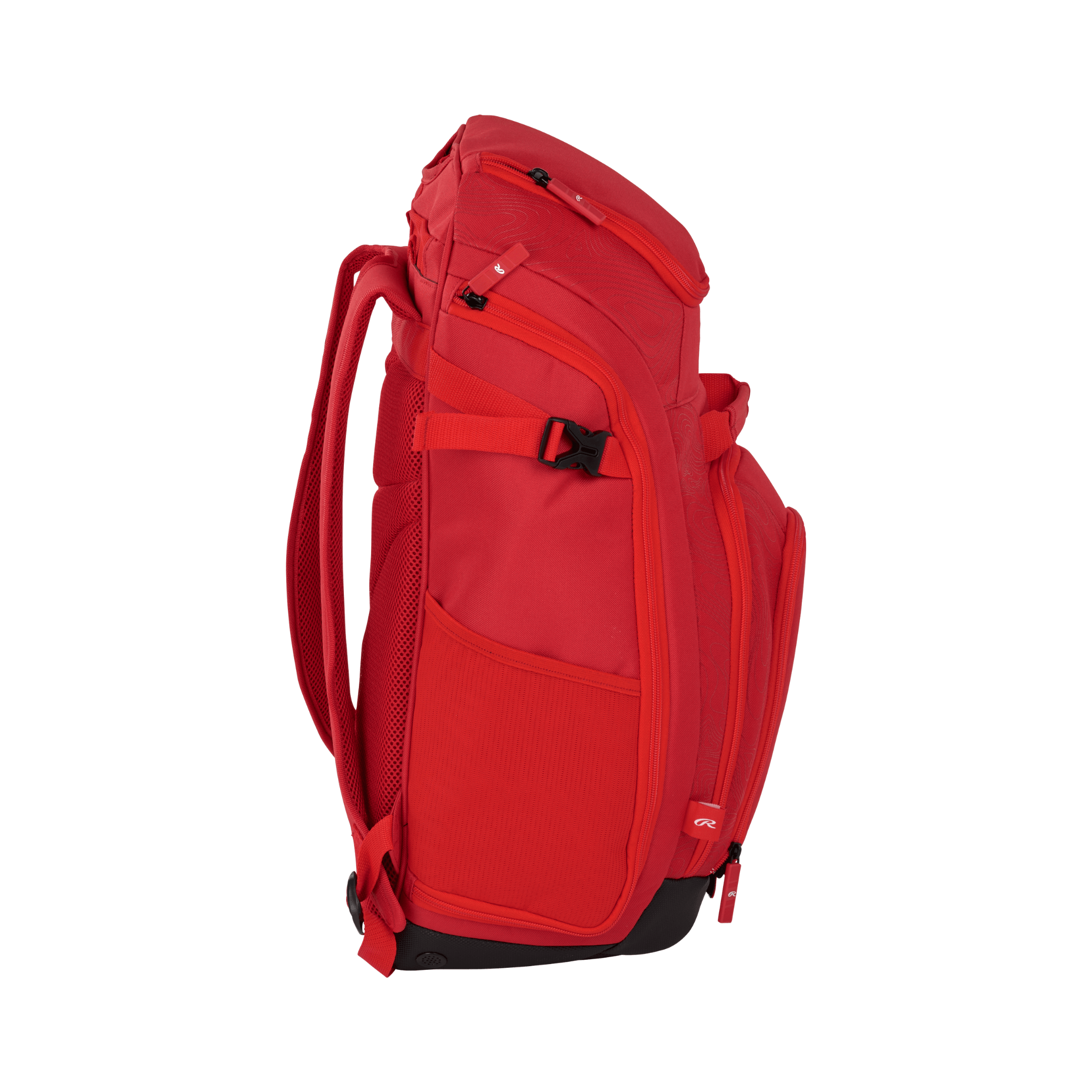 Side view of Rawlings Legion 2 Players Backpack in red, featuring multiple zippered compartments and padded straps.
