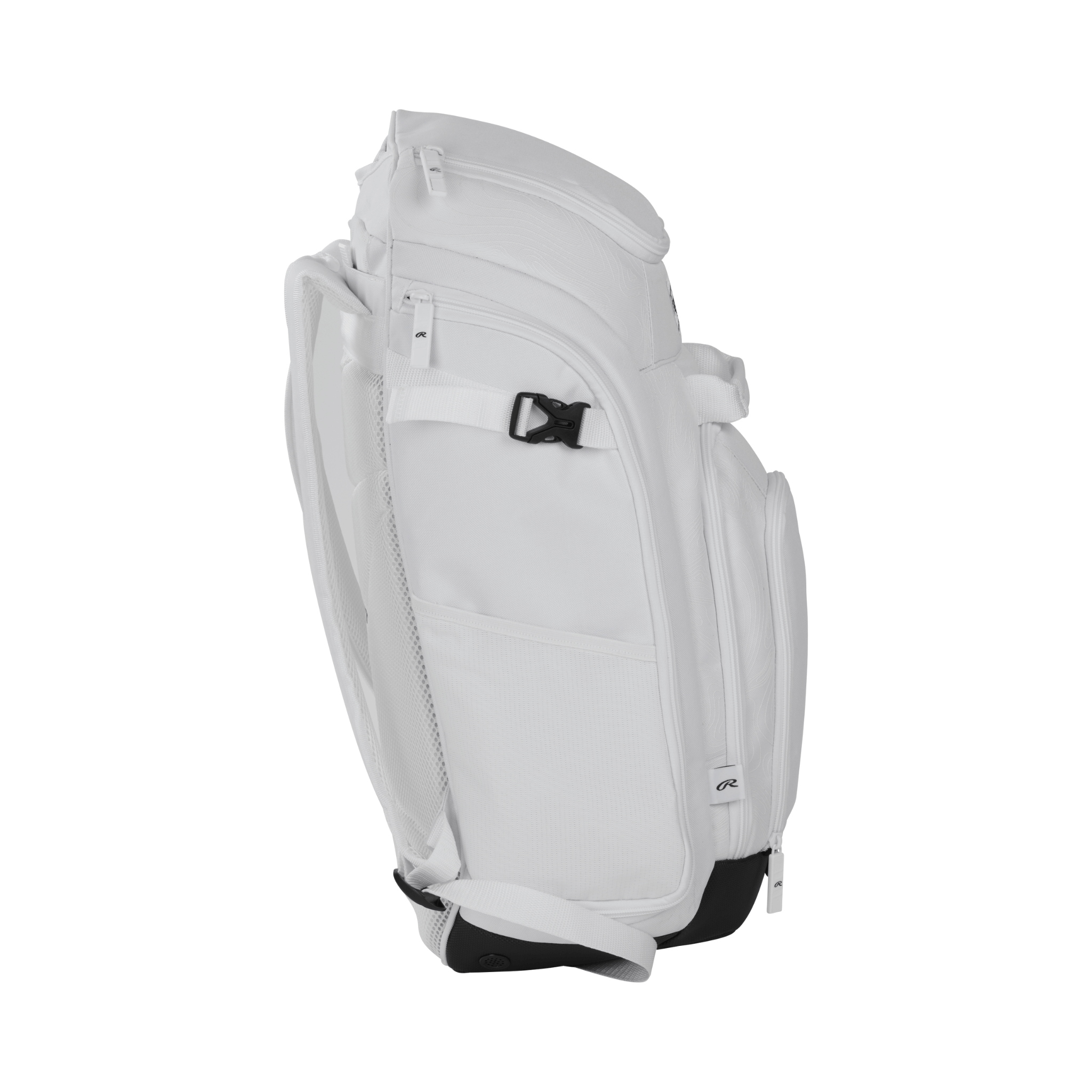 Side view of Rawlings Legion 2 Players Backpack showcasing durable construction and spacious compartments.