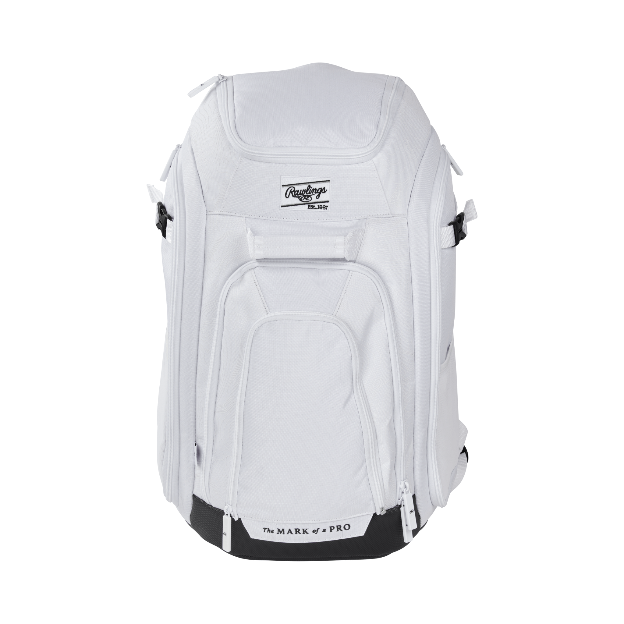Front view of white Rawlings Legion 2 Players Backpack with multiple compartments.