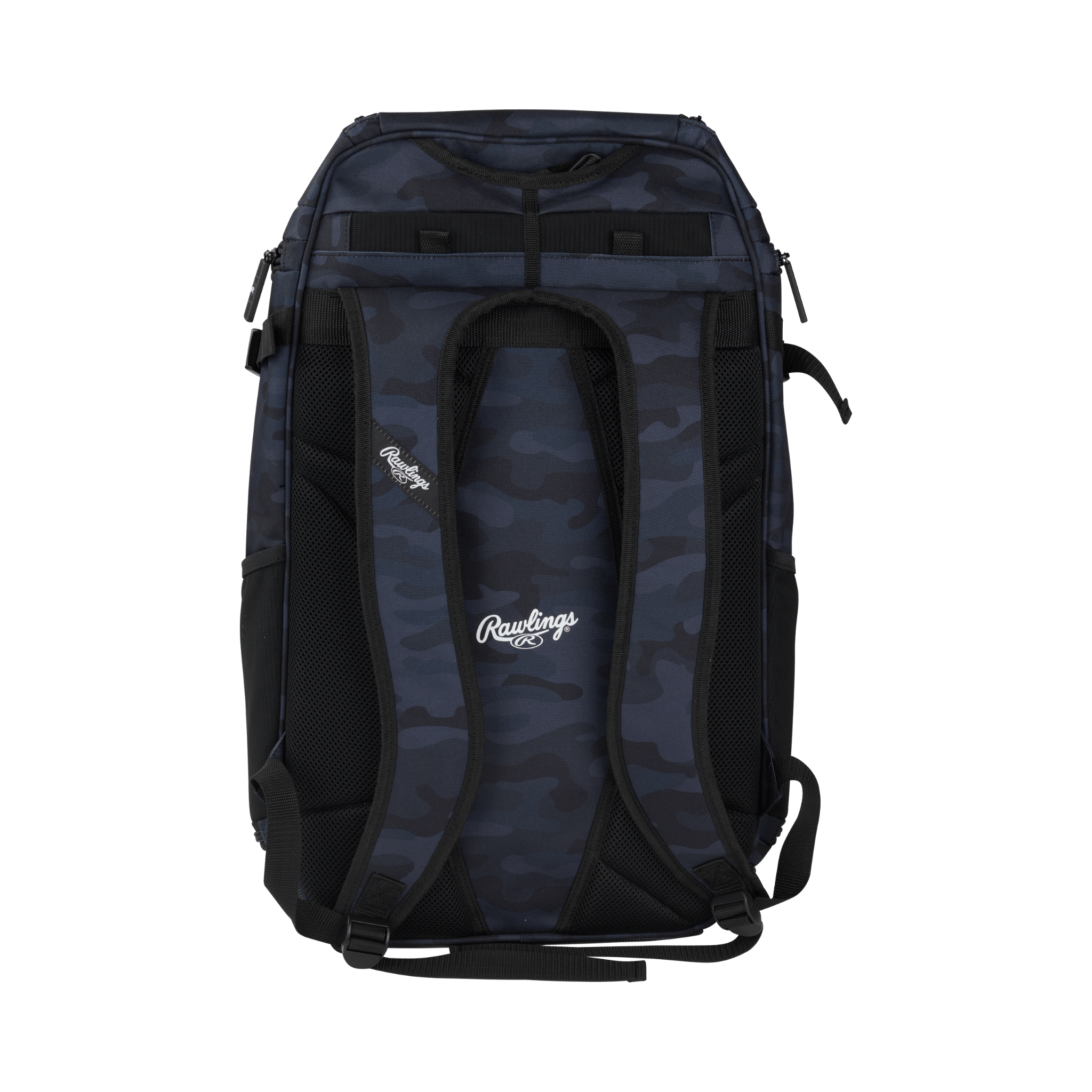 Back view of Rawlings Legion 2 Players Backpack in navy camo with shoulder straps visible.