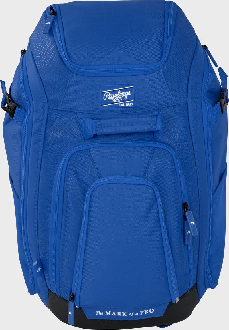Front view of blue Rawlings Legion 2 Players Backpack with multiple compartments and Rawlings logo