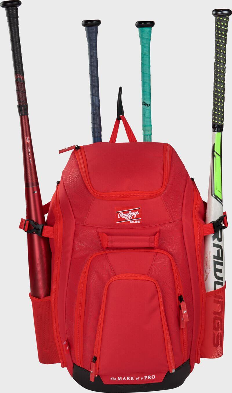 Rawlings Legion 2 Players Backpack in red, front view with three bat holders, visible brand logo, and multiple compartments.
