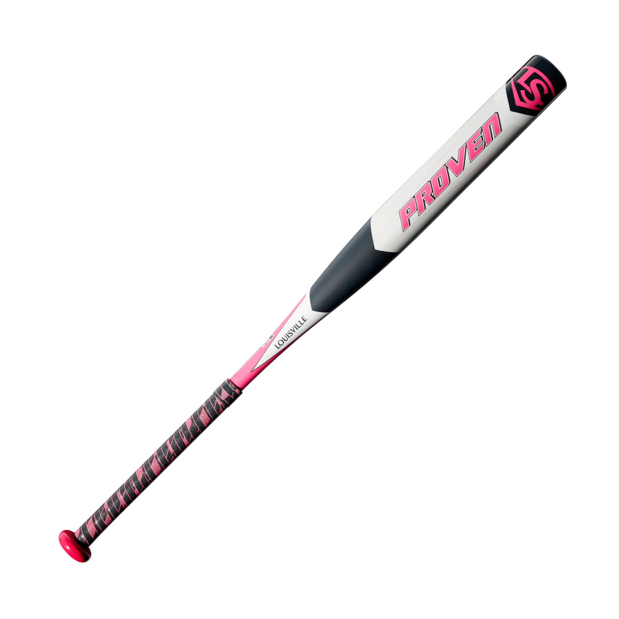 Louisville Slugger 2020 Proven -13 FastPitch bat in pink and white, designed for young players with a performance composite barrel.