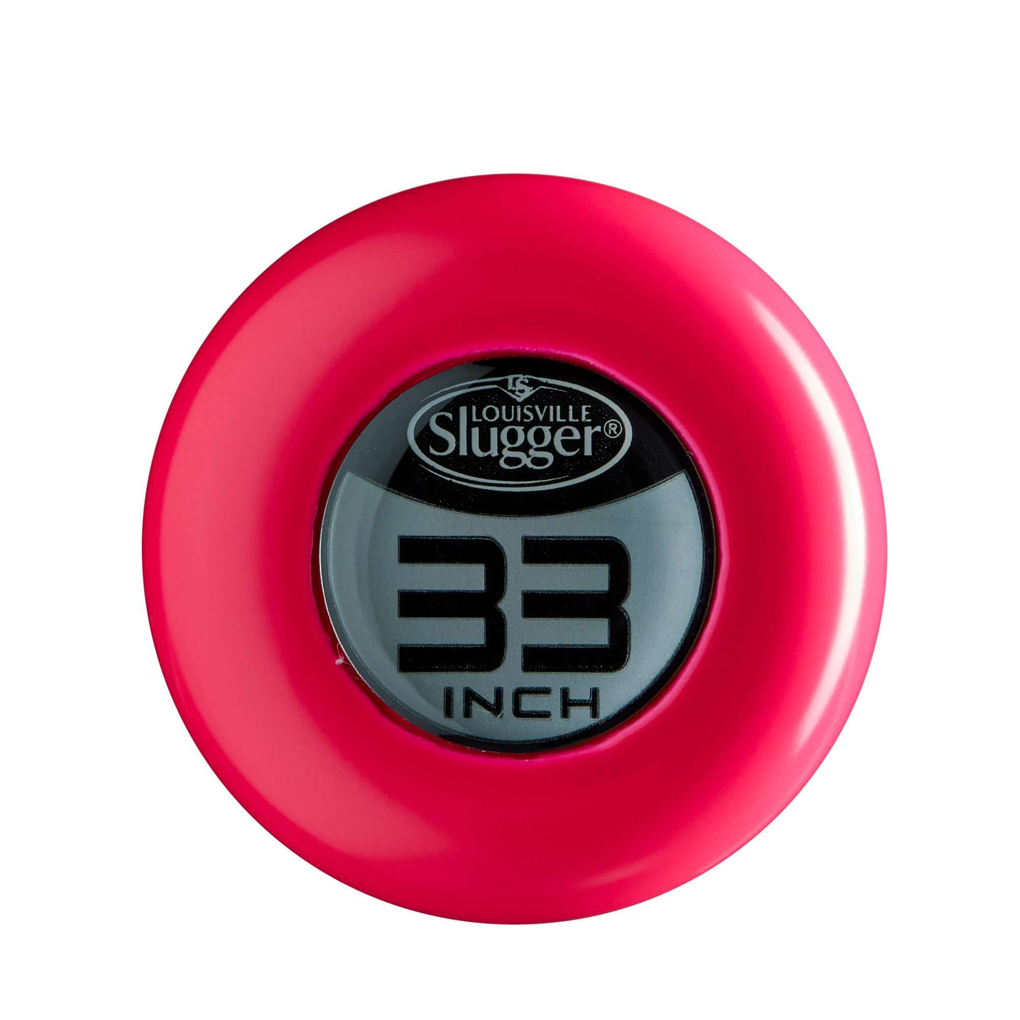 Louisville Slugger 33-inch FastPitch bat end cap in vibrant pink, showcasing performance and style for young players.