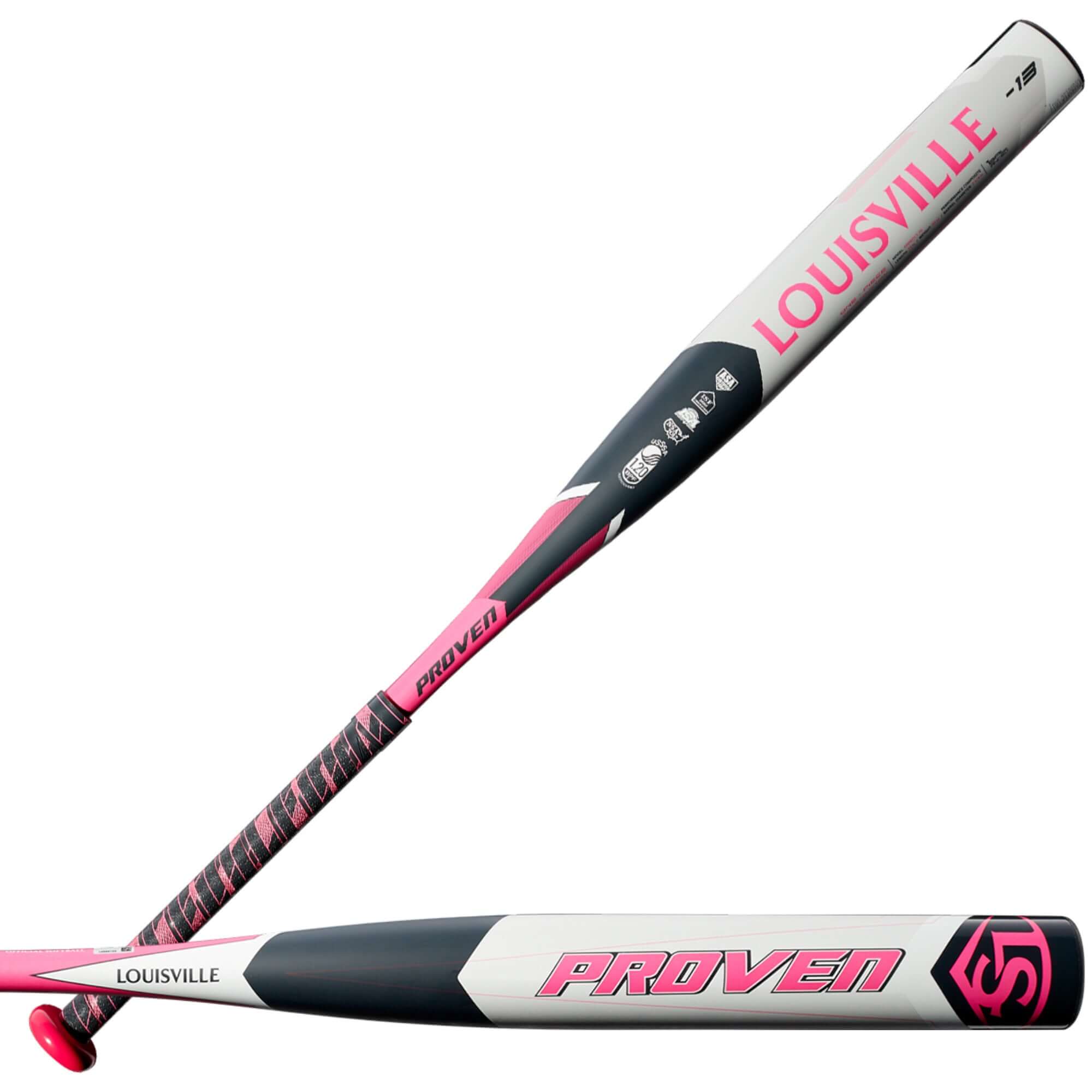 Louisville Slugger 2020 Proven -13 FastPitch bat in pink and black, designed for young players with a performance composite barrel.