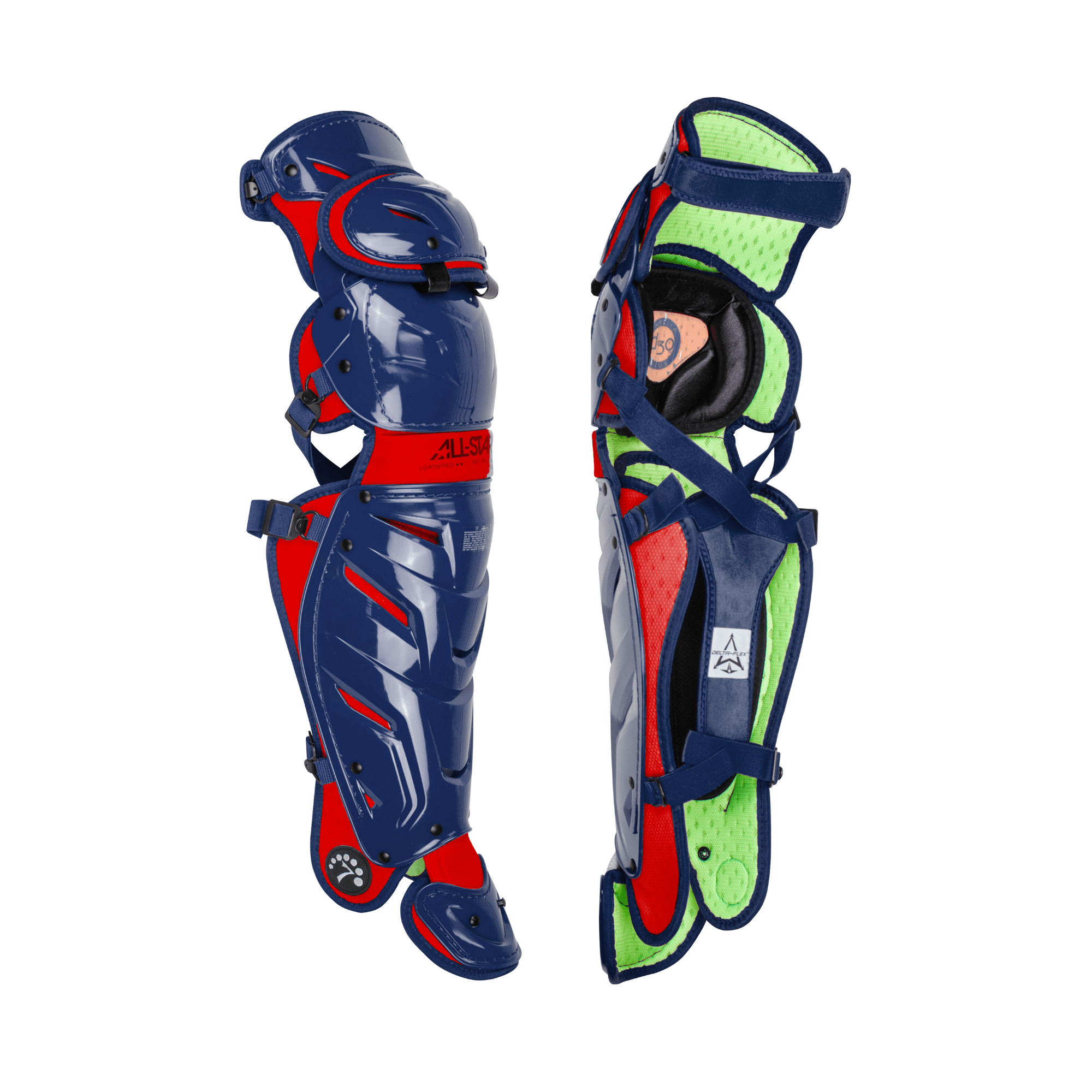 All-Star S7 AXIS Leg Guards in two-tone design for ages 9-12, featuring LINQ™ hinge system and DeltaFlex™ harness for mobility.