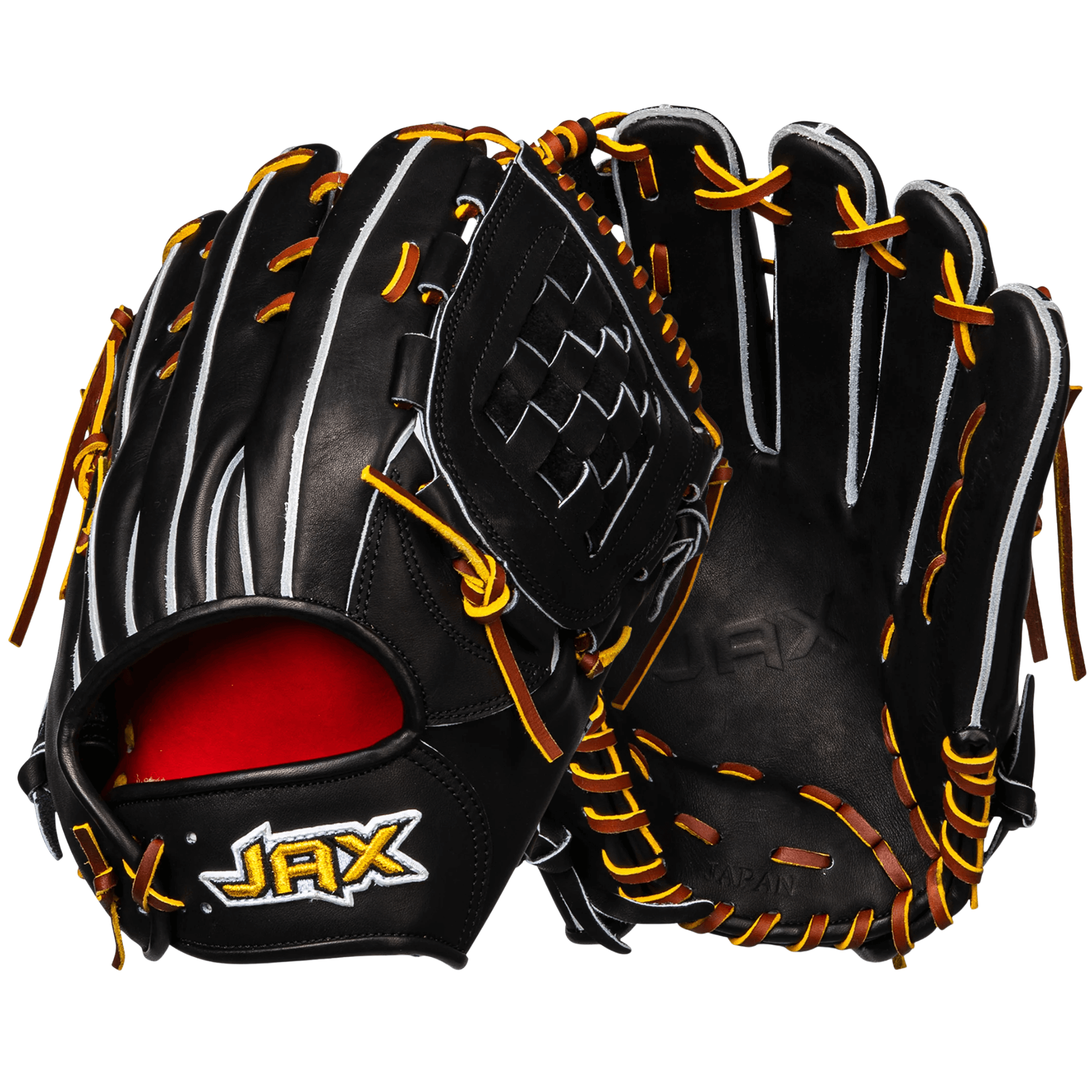 Jax LJ-10S 12.25" Baseball Glove palm and back view in black with tan laces.