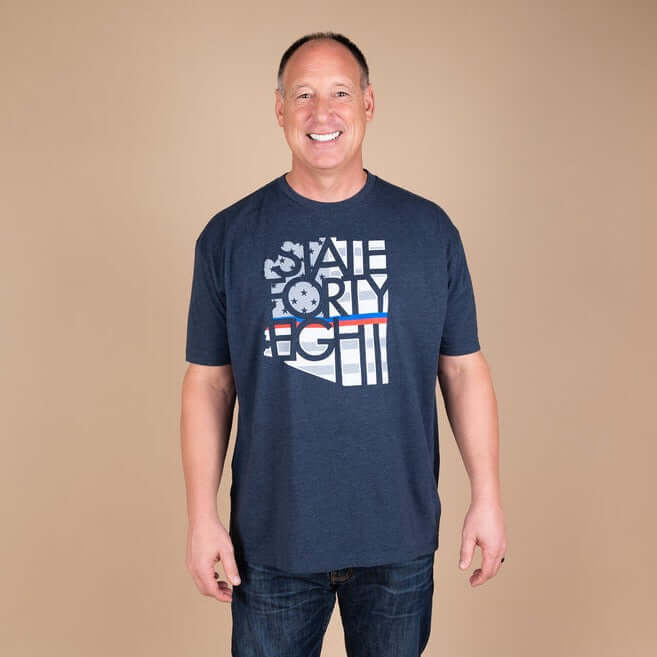 State Forty Eight men's crew shirt in midnight navy with graphic design supporting first responders.
