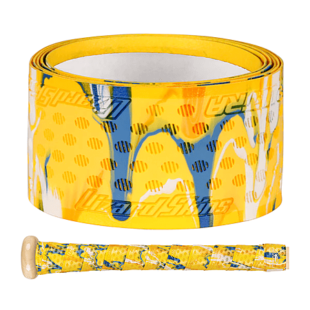 Lizard Skins DSP Ultra Bat Grip - 0.5 mm in vibrant yellow with dynamic blue and white accents, roll and applied view shown.