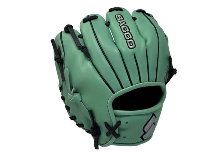 Front view of Sacco Ultra Smooth Kip 9.5" Infield Trainer glove in Mint color with black and silver accents.