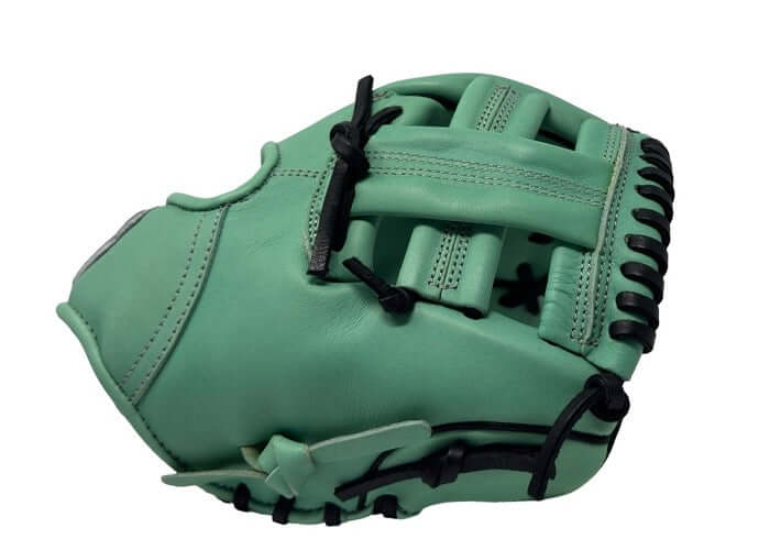 Sacco Ultra Smooth Kip 9.5" Infield Trainer Mint glove side view showcasing premium leather and unique design.