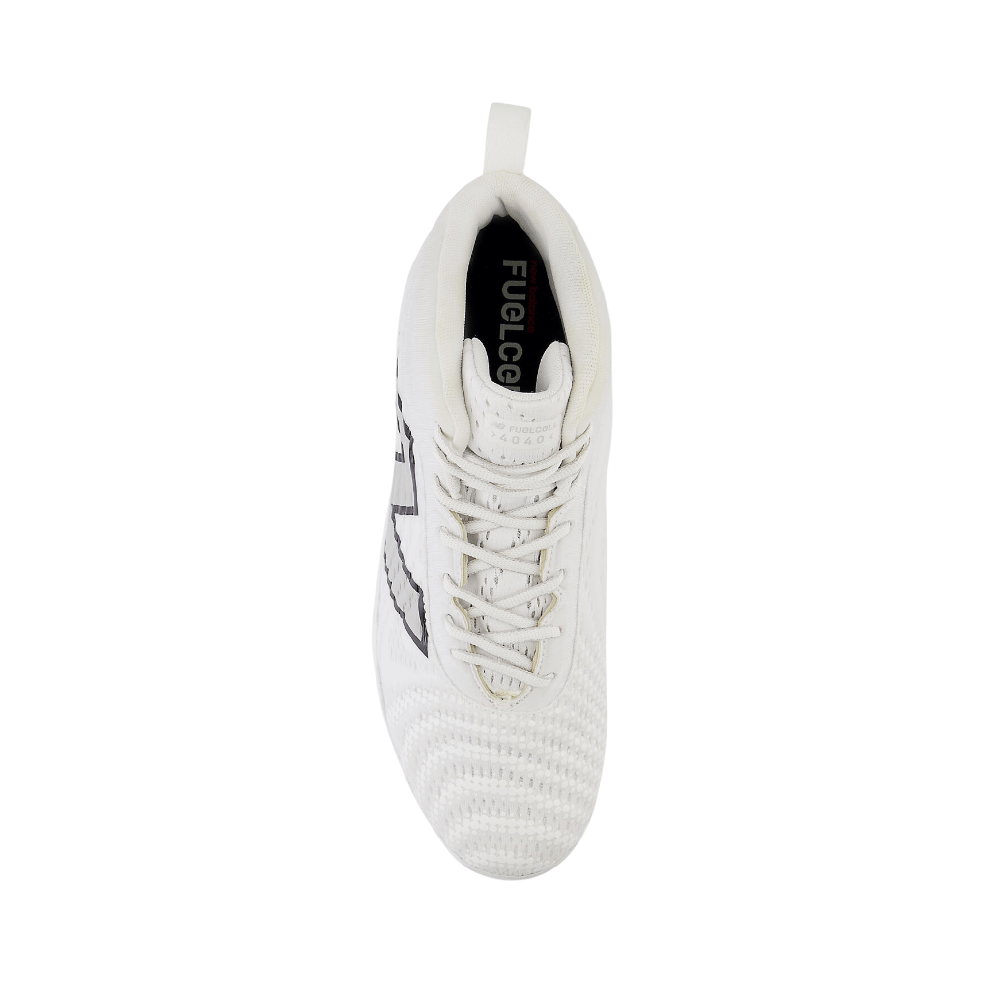 Top view of New Balance FuelCell 4040 v7 Mid-Metal baseball cleat in white, showcasing engineered air mesh and sleek design.