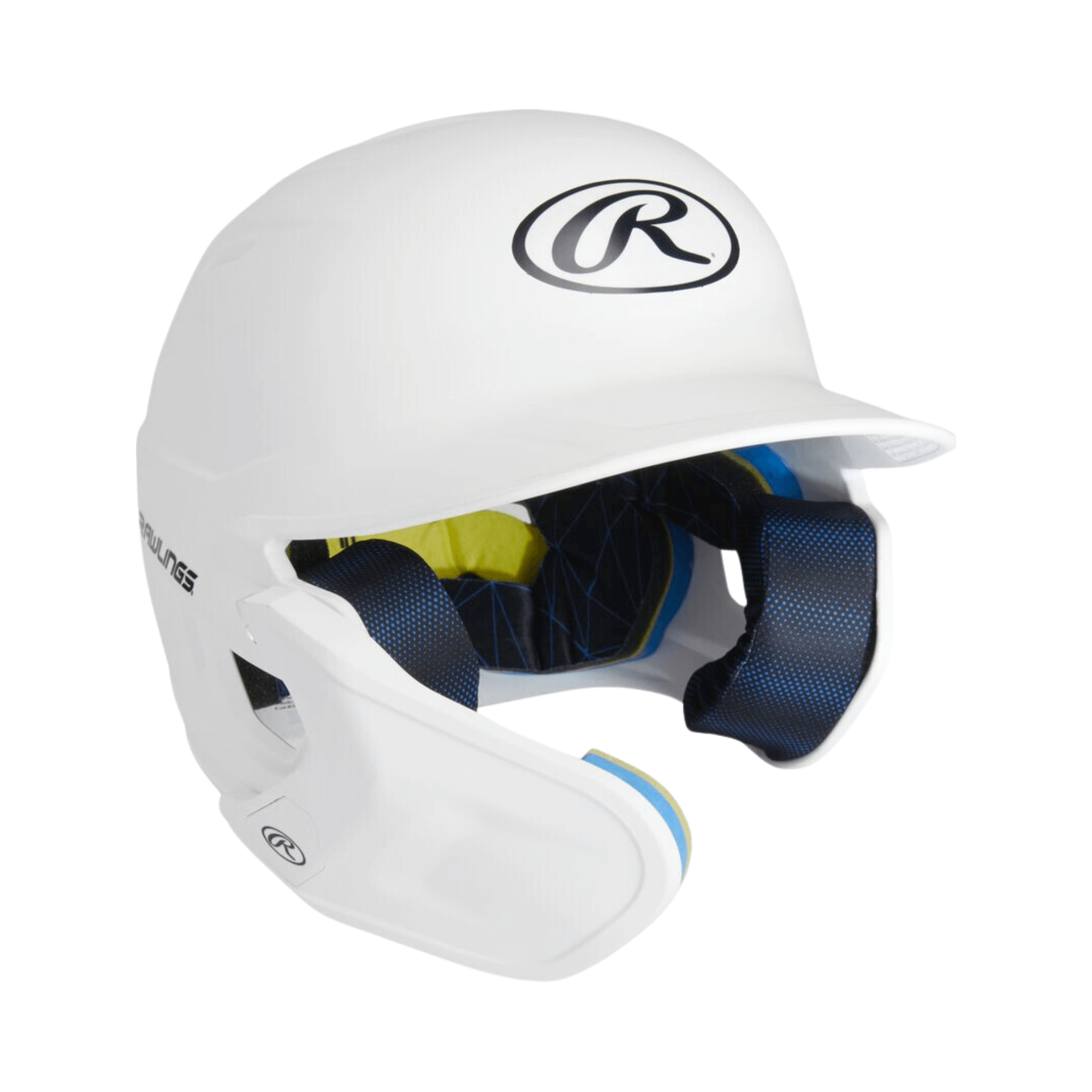 Rawlings Mach Adjust left handed batting helmet in white, featuring adjustable design for optimal player comfort and protection.