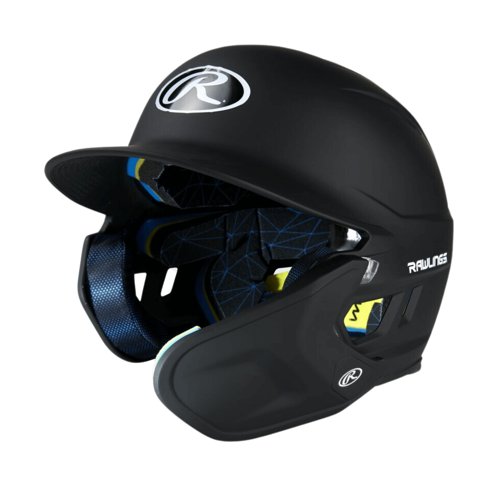 Rawlings Mach Adjust right handed batting helmet in matte black for senior players, offering adjustable fit and enhanced coverage.