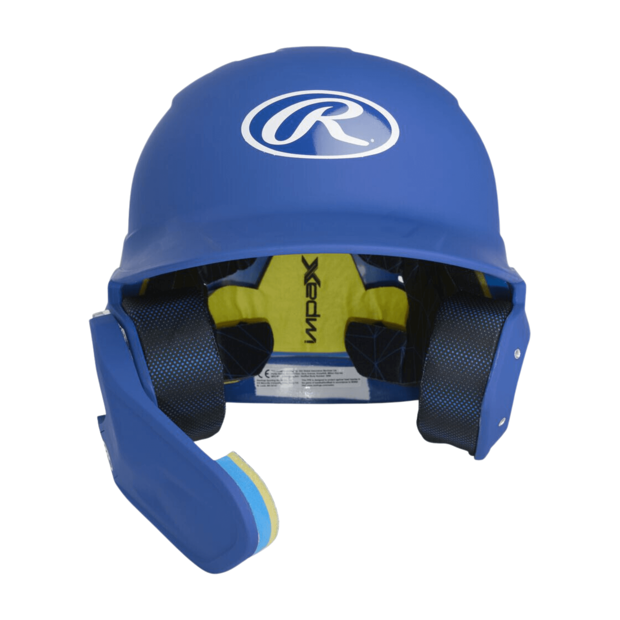 Rawlings Mach Adjust left handed batting helmet in blue, showcasing adjustable design and internal padding for player comfort.