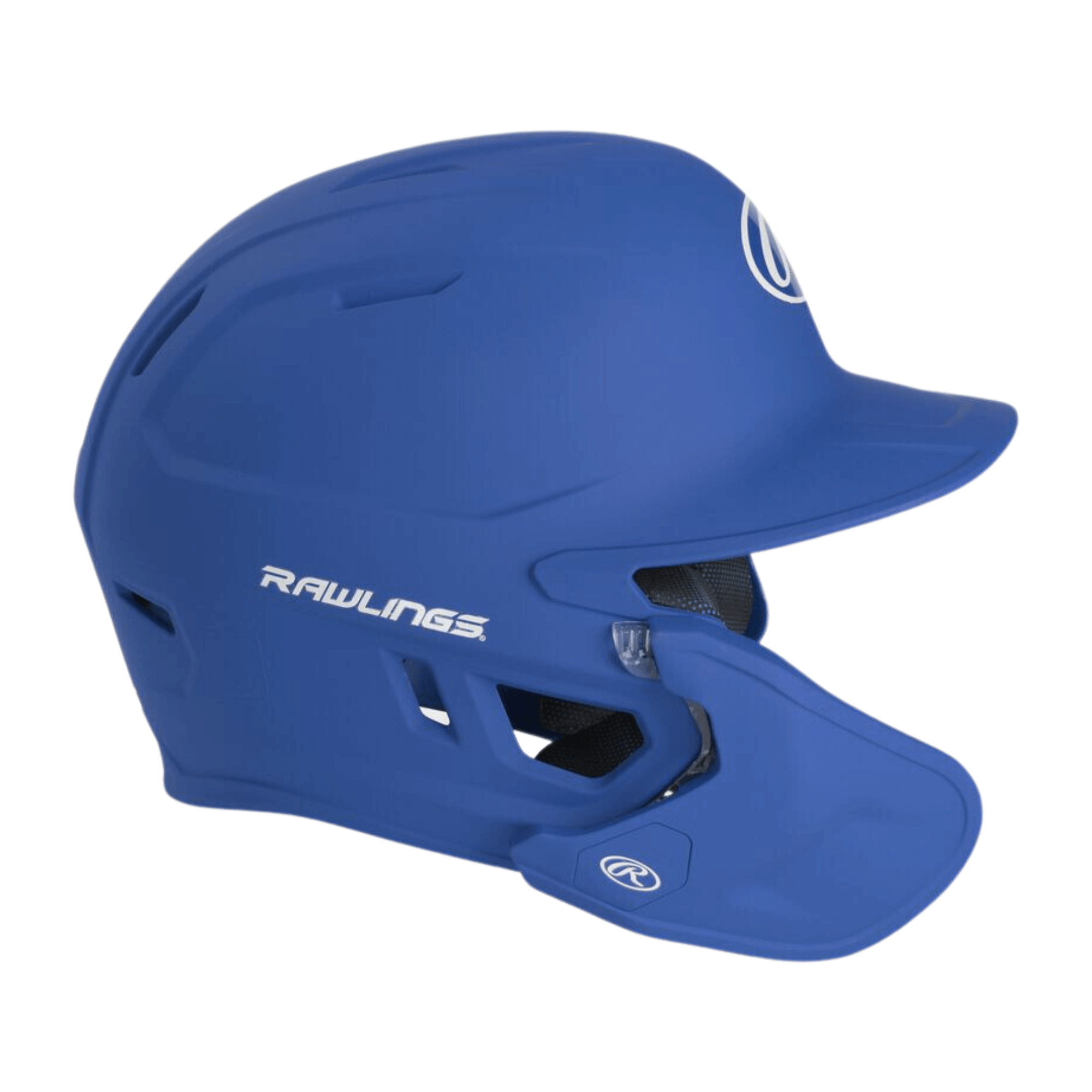 Rawlings Mach Adjust Left Handed Batting Helmet in blue, designed for junior players with adjustable fit for enhanced coverage and performance.