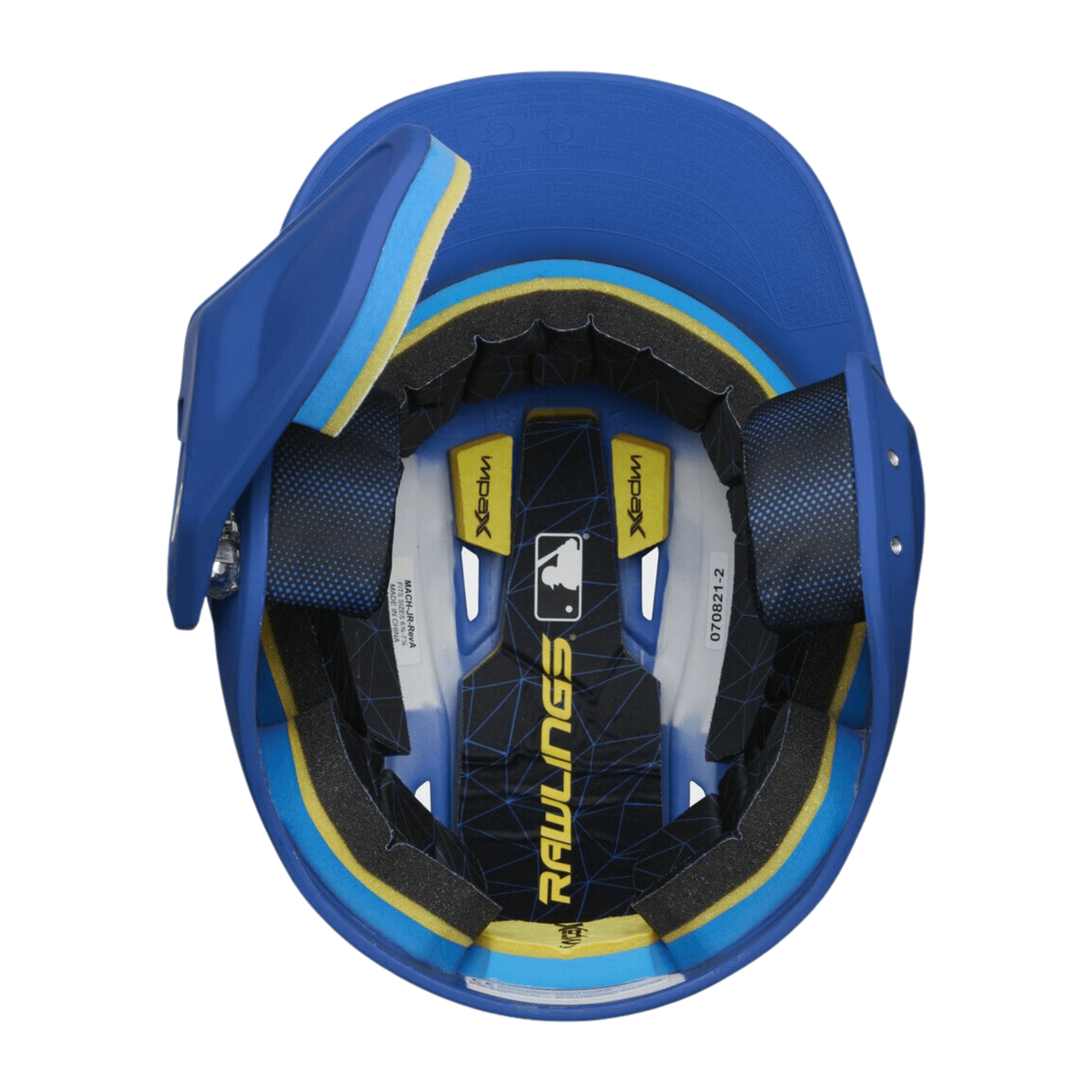 Inside view of Rawlings Mach Adjust Left Handed Batting Helmet, showcasing its adjustable padding and breathable design.