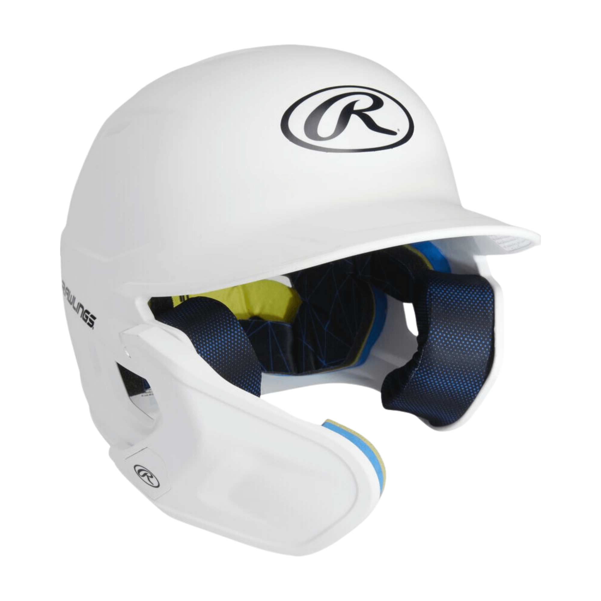 Rawlings Mach Adjust Left Handed Batting Helmet in white, featuring adjustable design and inner padding for comfort.