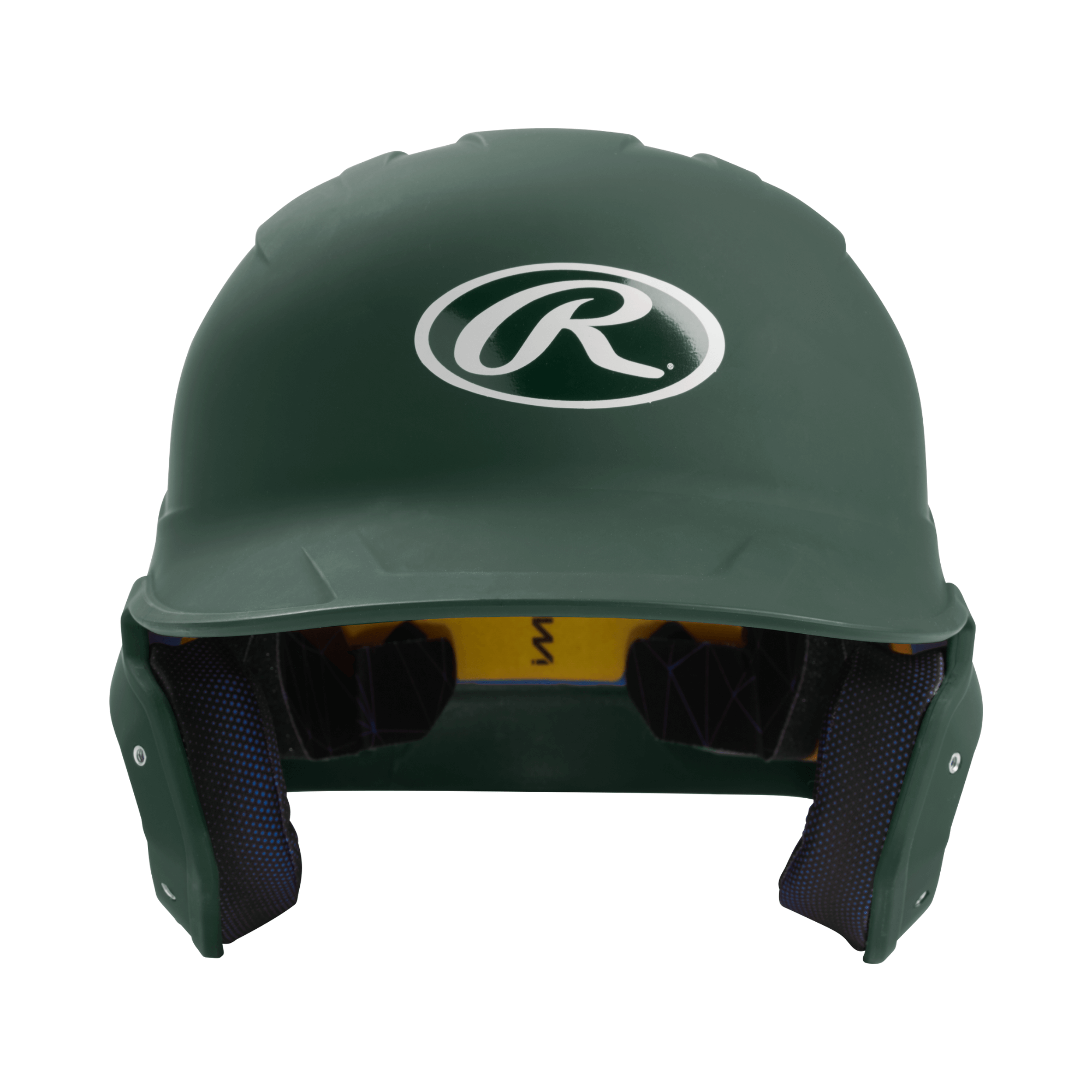 Rawlings Mach Batting Helmet in green, front view, designed for senior players, providing enhanced protection and performance.