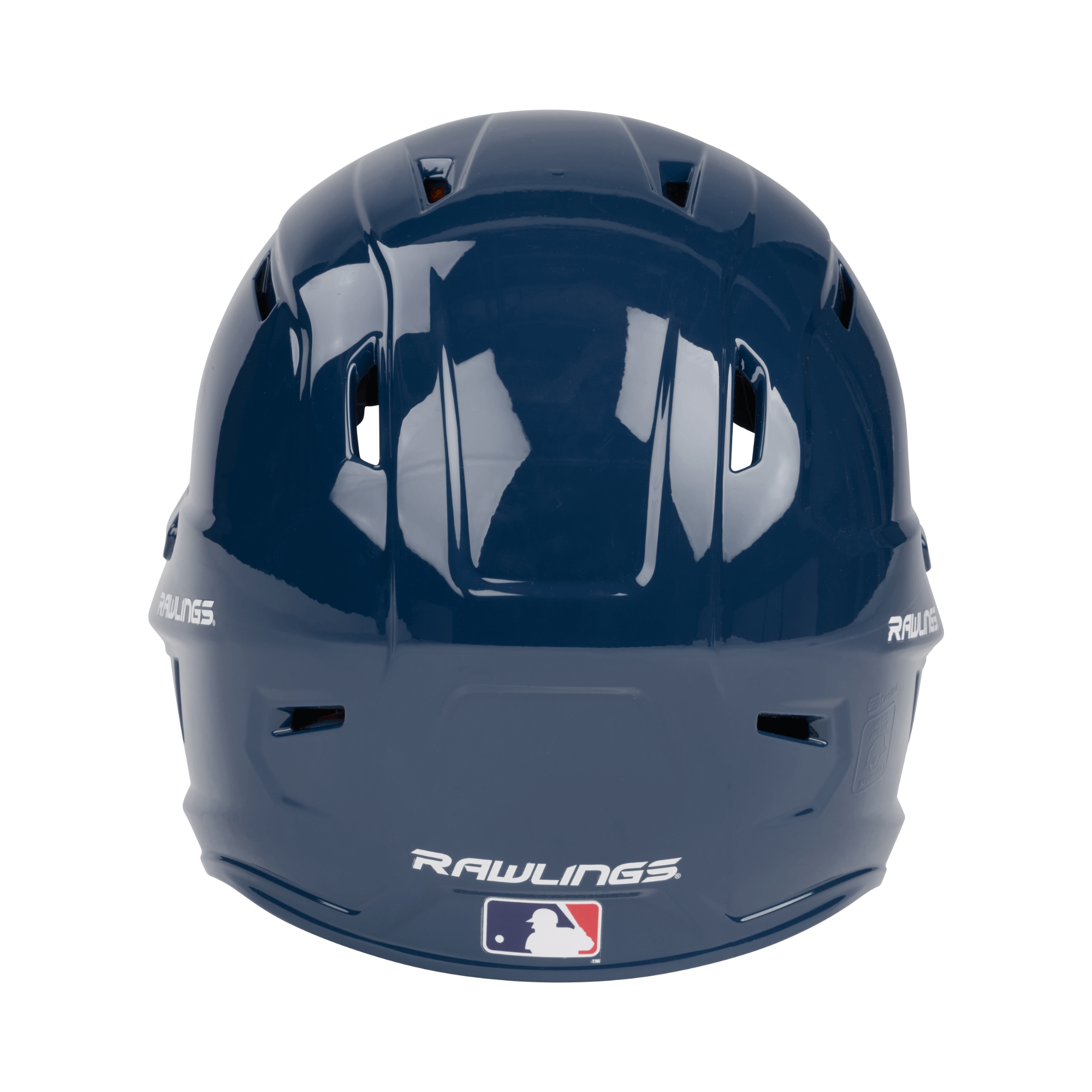 Rawlings Mach Gloss Navy Baseball Helmet rear view showing sleek design and ventilation ports for player comfort.