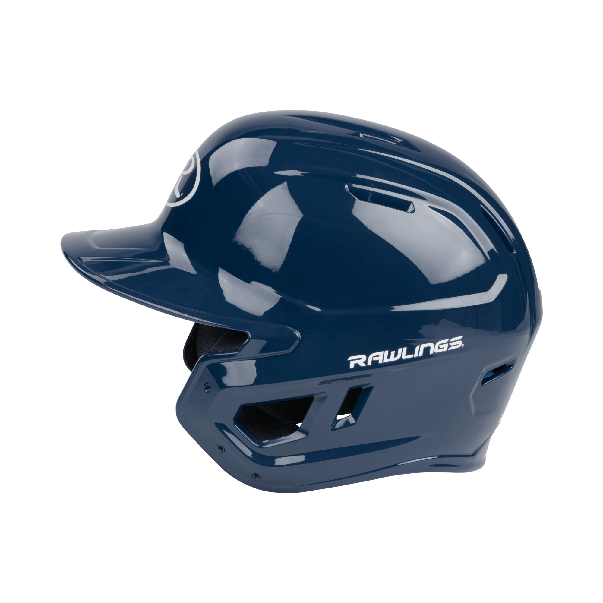 Rawlings Mach Gloss 1-Tone Navy Baseball Helmet side view showcasing sleek design and high-tech protection features.