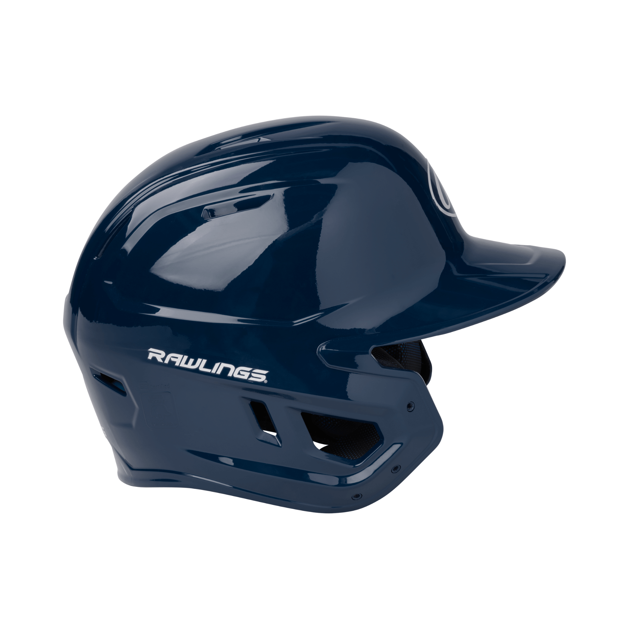 Rawlings Mach Gloss 1-Tone Baseball Helmet in Navy, featuring moisture-wicking liner and IMPAX foam protection.