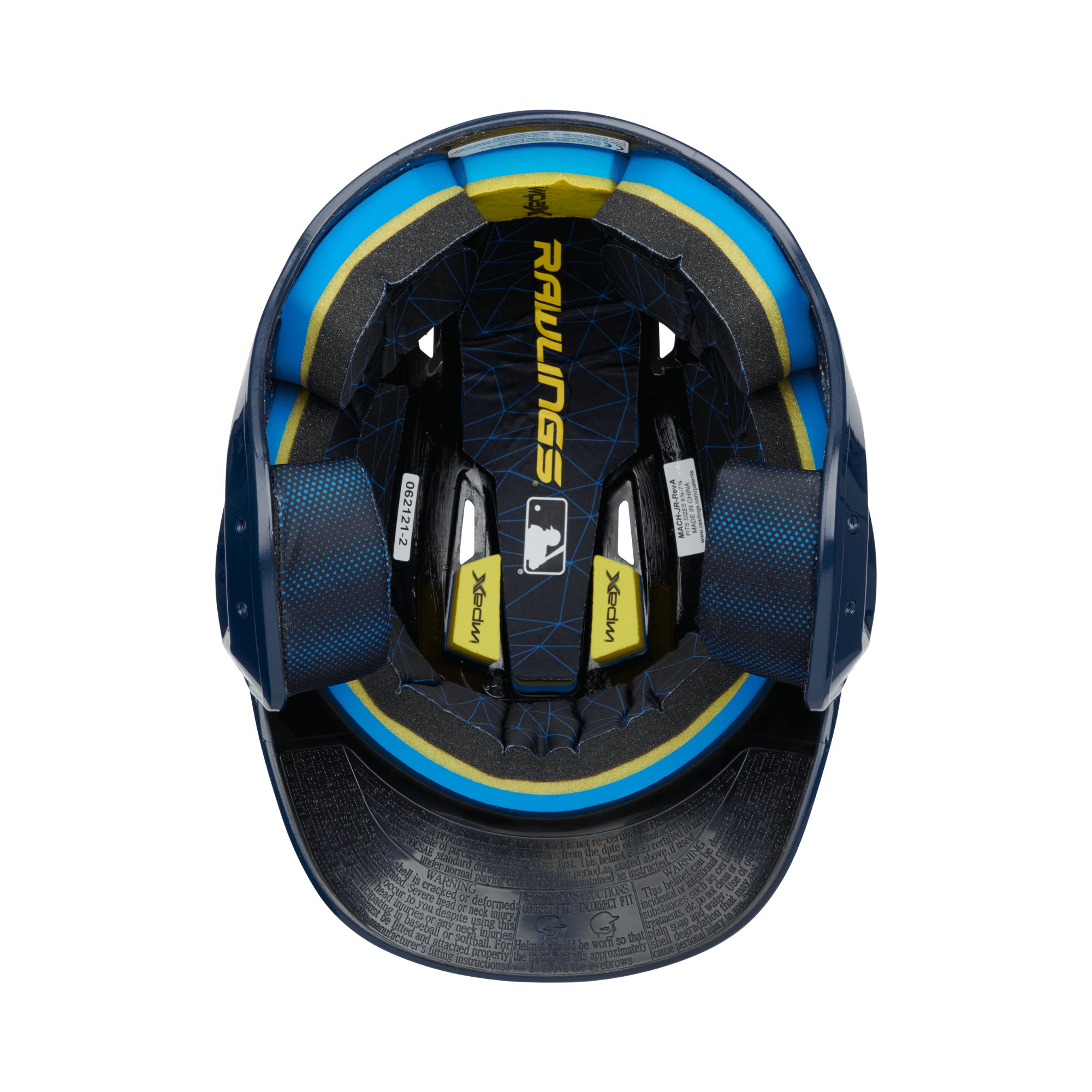 Rawlings Mach Glossy Baseball Helmet interior view showcasing IMPAX foam and moisture-wicking liner for comfort and protection.