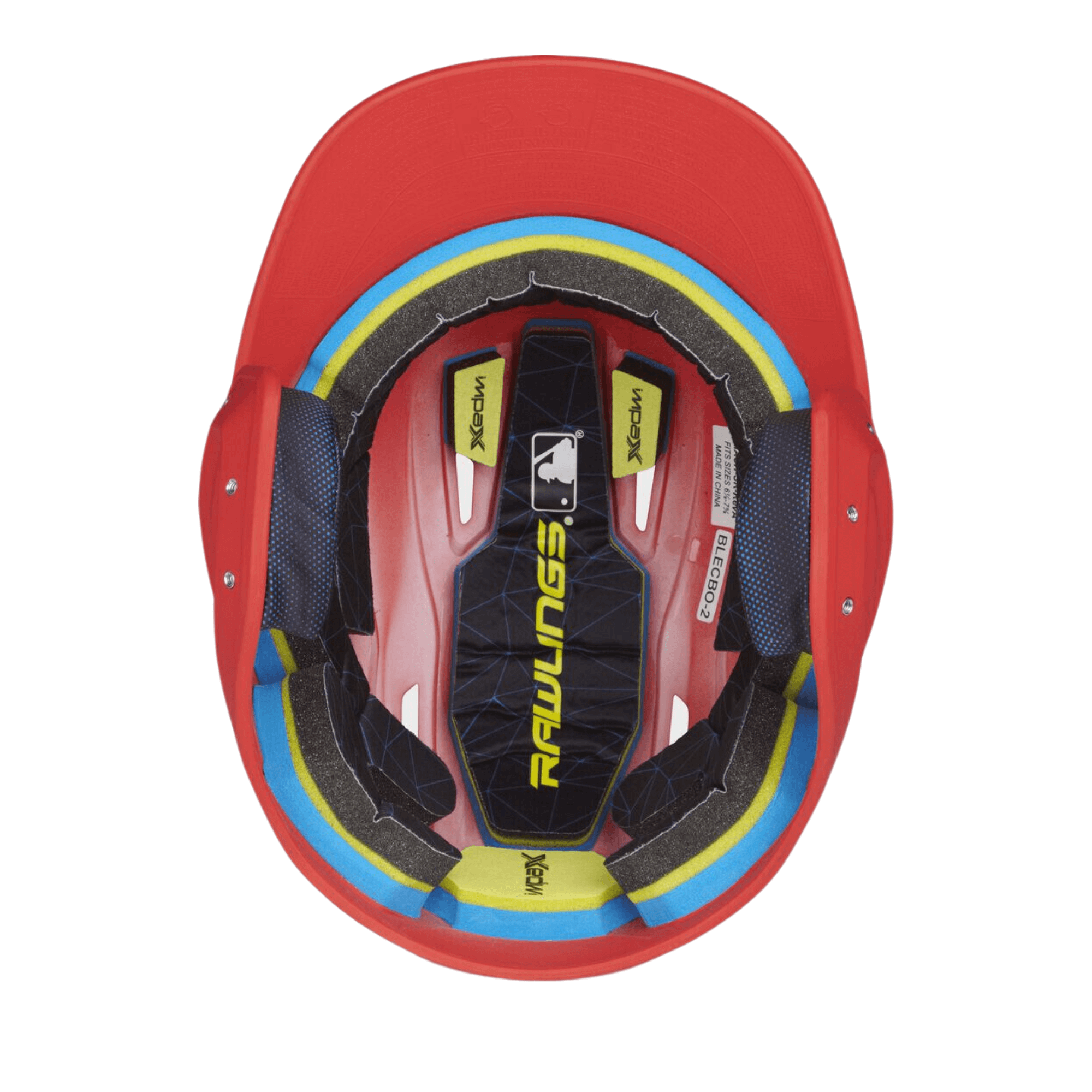 Interior view of Rawlings Mach Batting Helmet Senior, showcasing advanced padding and vibrant colors for optimal protection.