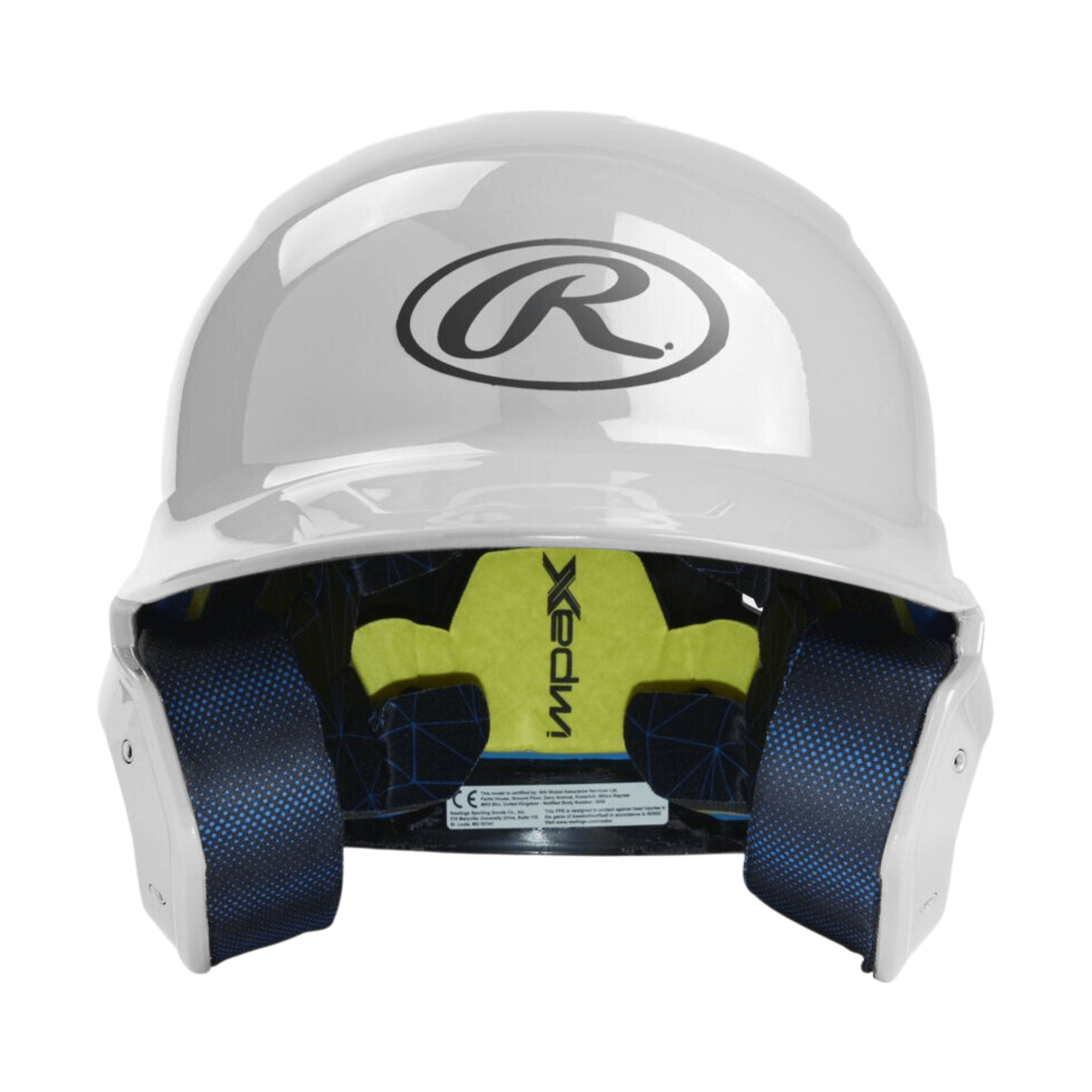 Rawlings MACH Gloss White Senior Helmet showcasing moisture-wicking liner and IMPAX foam for protection and comfort.