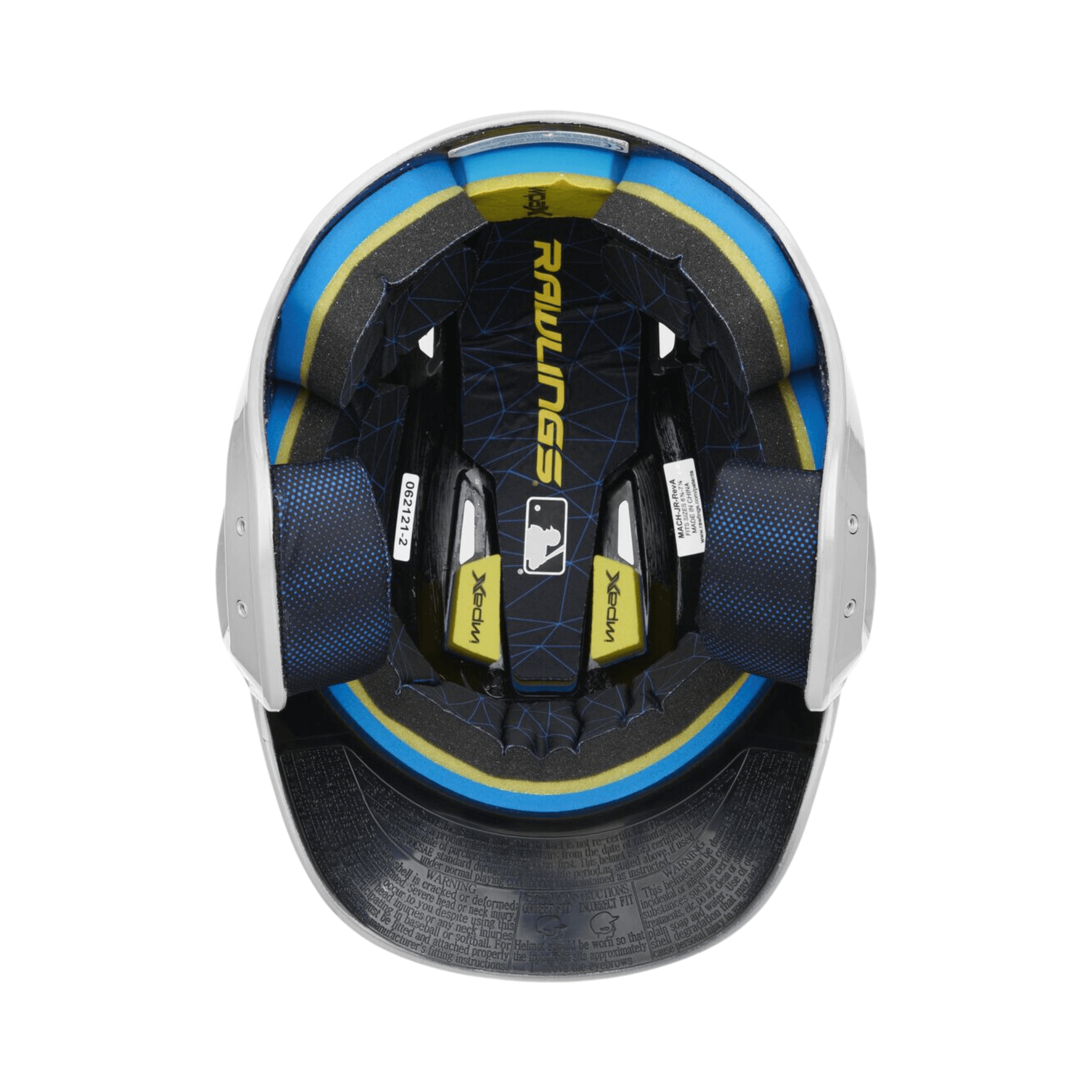 Interior view of Rawlings Mach Gloss White Junior Helmet showing moisture-wicking liner and IMPAX foam for protection.