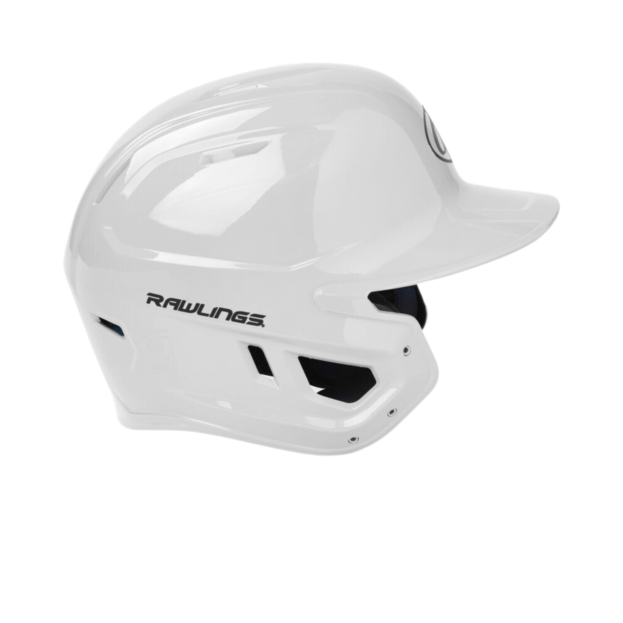 Rawlings Mach Gloss White Junior Helmet featuring a sleek design and moisture-wicking liner for comfort and protection.