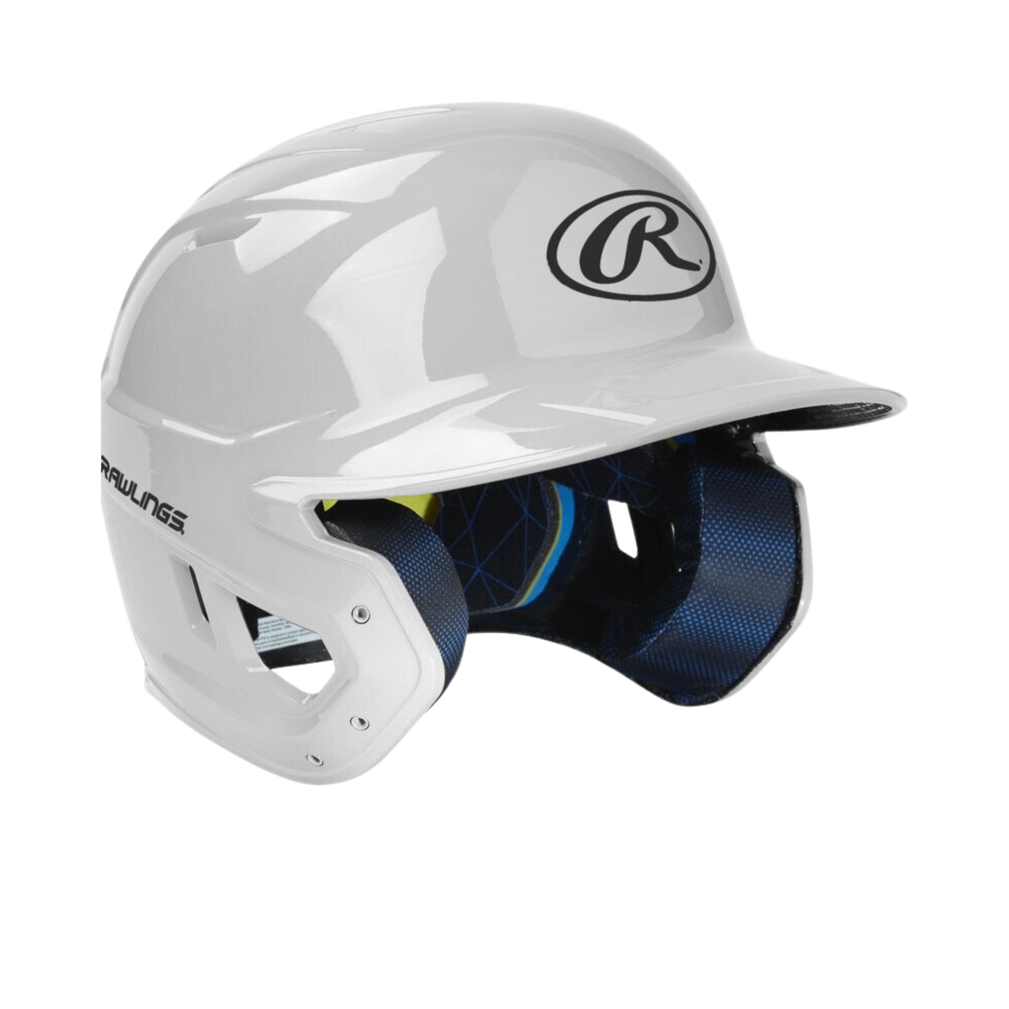 Rawlings Mach Gloss White Junior Helmet showcasing sleek design and moisture-wicking liner for comfort and protection.