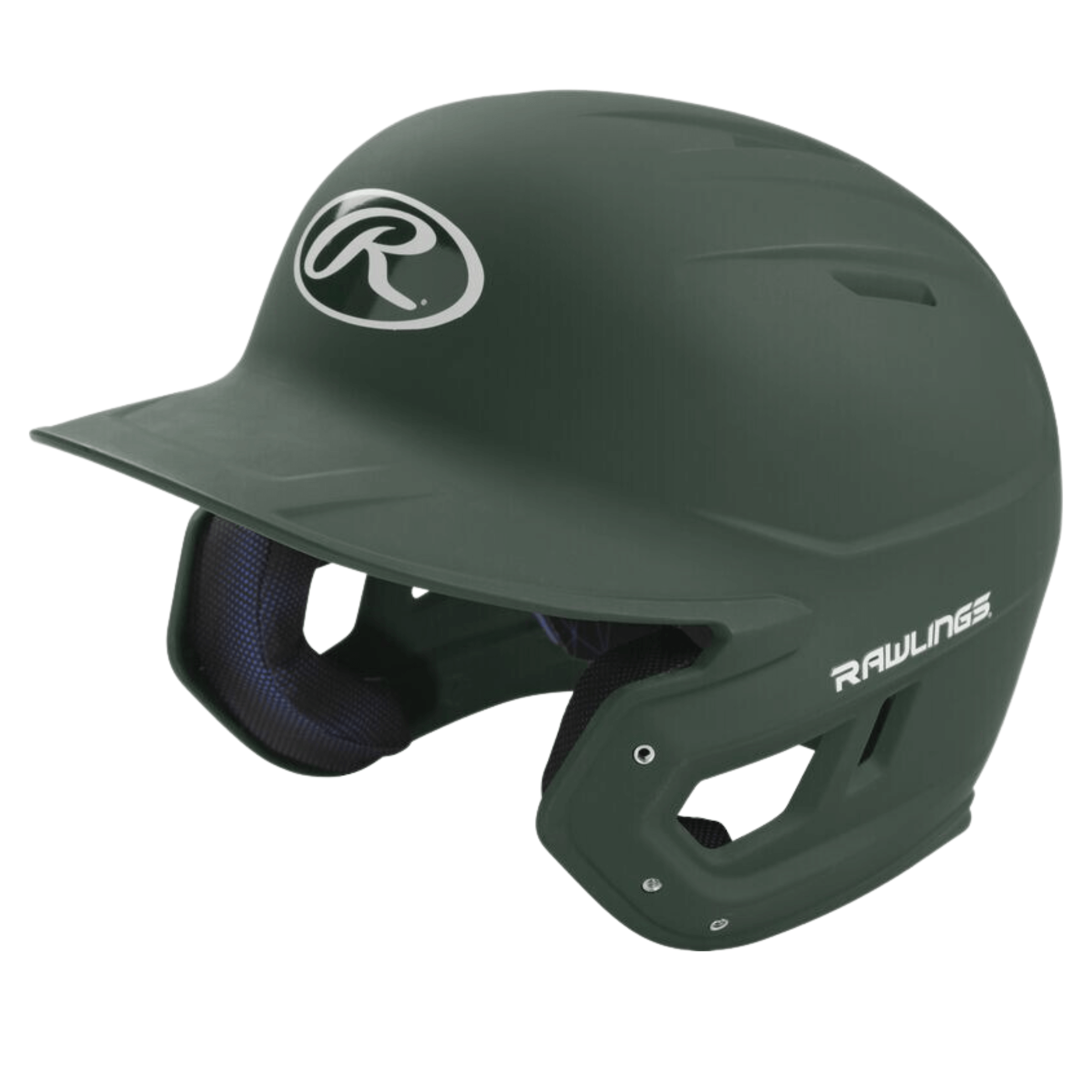 Rawlings MACH junior batting helmet in dark green, featuring sleek design and optimized ventilation for comfort and protection.