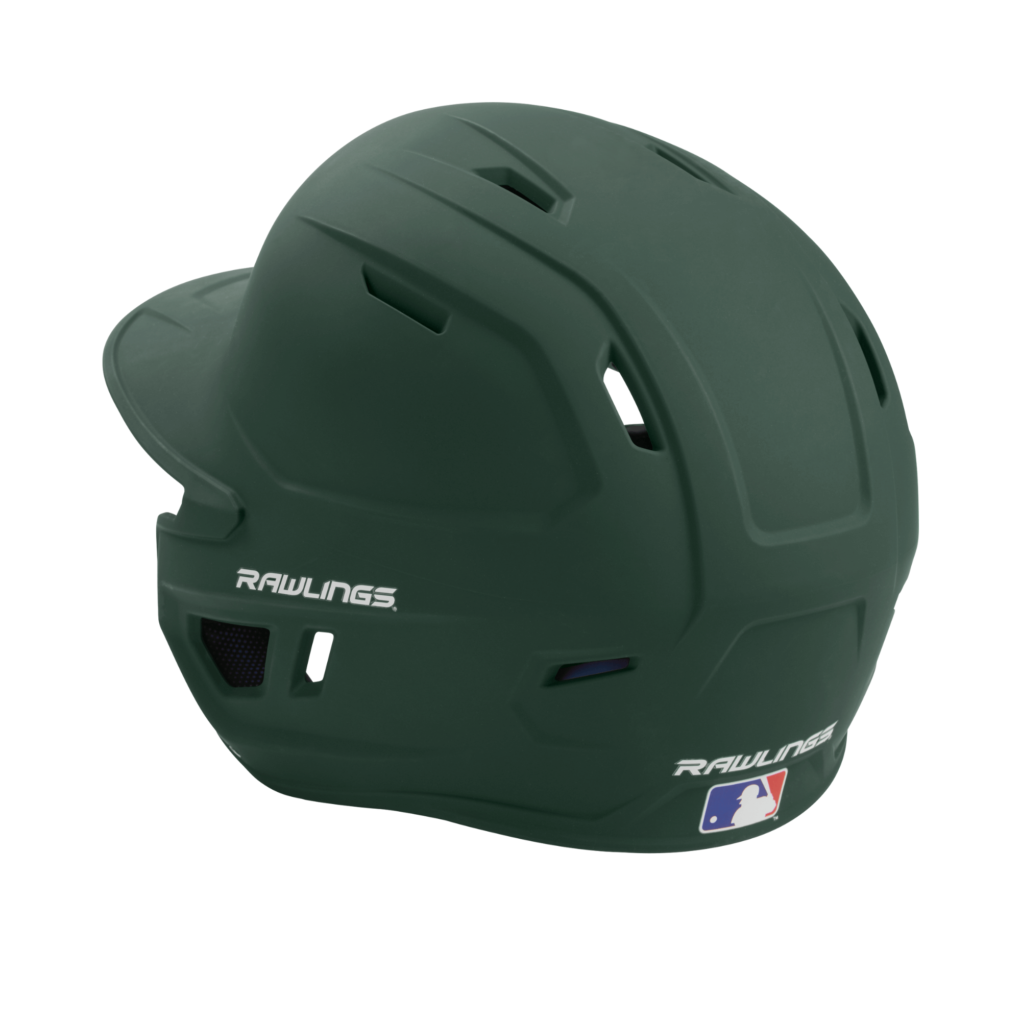Rawlings Mach batting helmet in green, designed for protection and performance in baseball games, senior size.