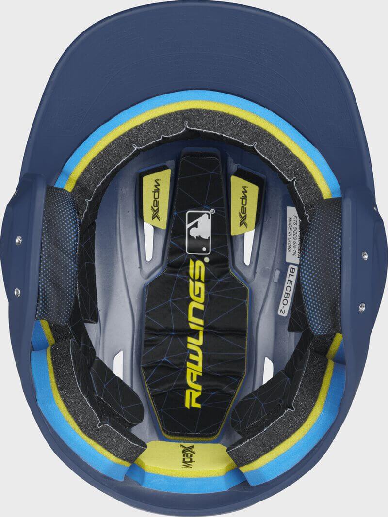 Interior view of Rawlings MACH Junior Batting Helmet showcasing IMPAX foam technology and sleek design for optimal comfort and ventilation.